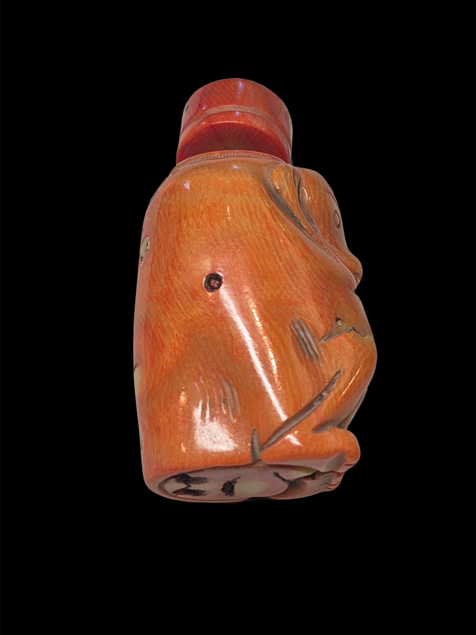 Antique Natural Red Coral Hand Carved Monkey Snuff Bottle: 1.5"x3" Antique Natural Red Coral Hand Carved Monkey Snuff Bottle