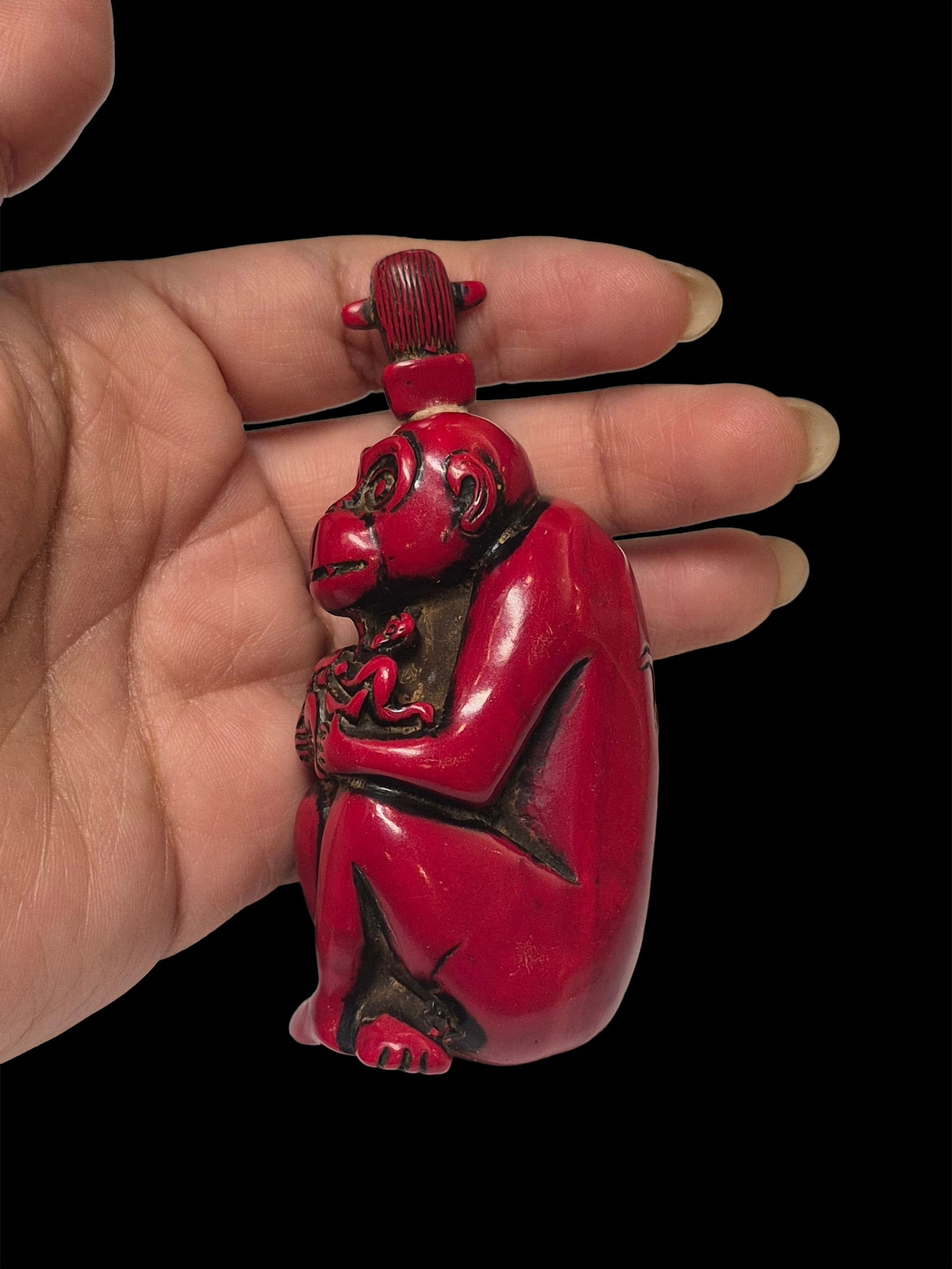 Antique Natural Red Coral Hand Carved Monkey Snuff Bottle: 1.3"x3.5" Antique Natural Red Coral Hand Carved Monkey Snuff Bottle