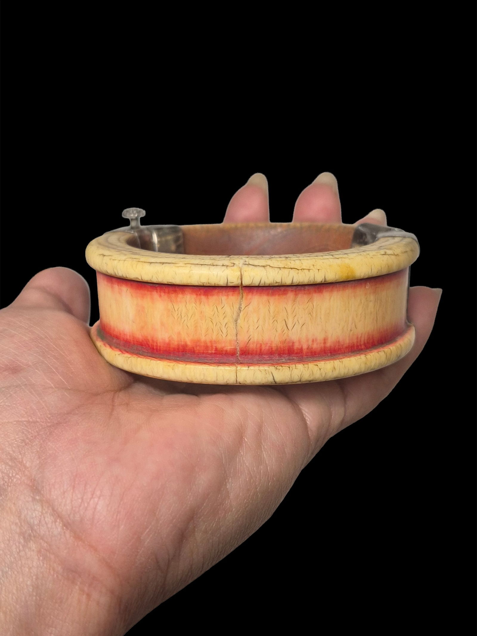 Antique Bangle Dowry Bracelet With Silver Clasps and Polychrome: 2.8"x1" Antique Bangle Dowry Bracelet With Silver Clasps and Polychrome, Has Had Repairs