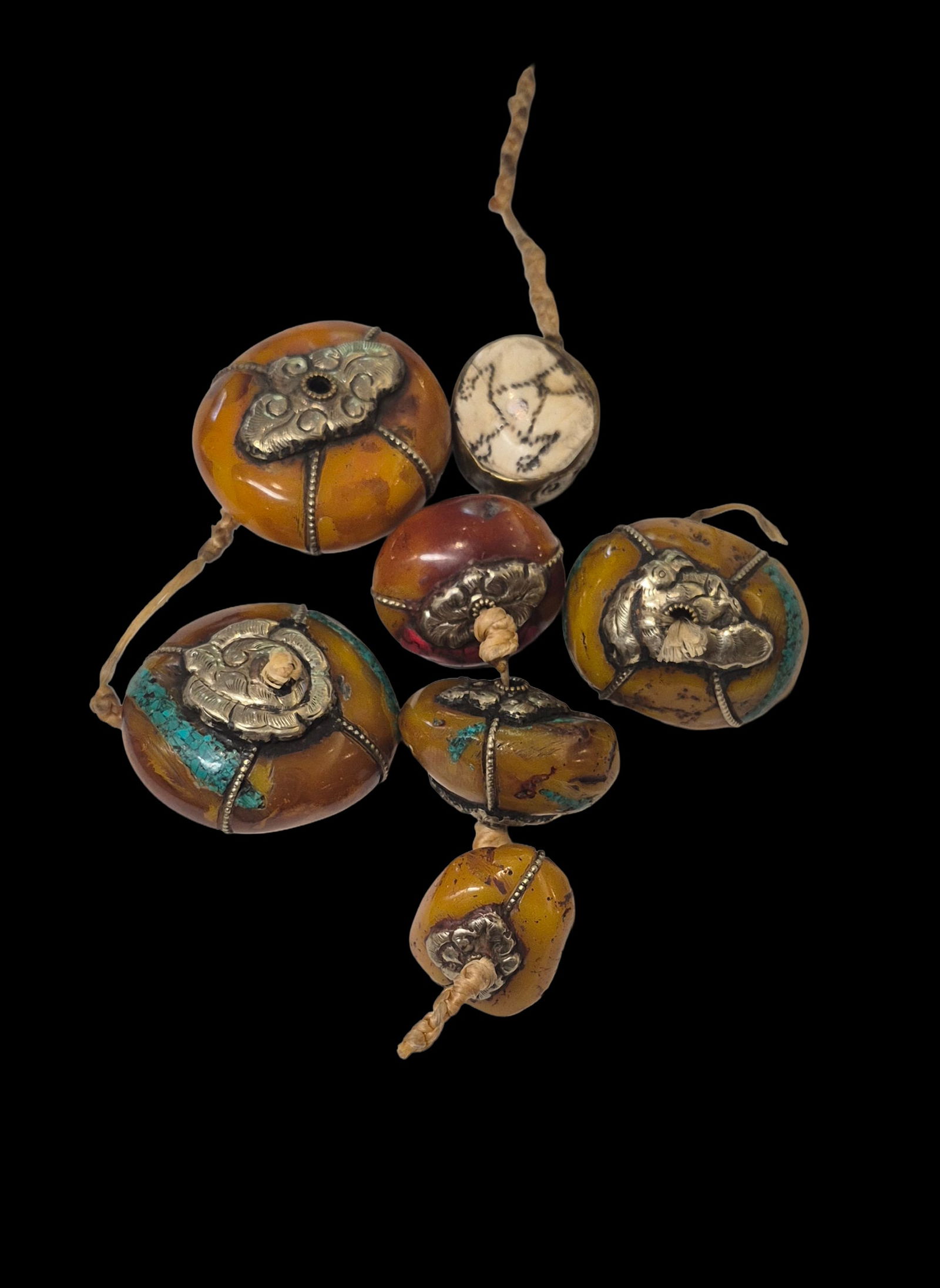 Large Vintage Tibetan Amber Bead Collection with Turqoise and Coral Inlay: 2.25" x 1" Large Vintage Tibetan Amber Bead Collection with Turqoise and Coral Inlay, Large Round Tibetan Amber Beads with Tibetan Silver, Red Coral and Turqouise Inlay, Bead Size Range 1"-2.25"