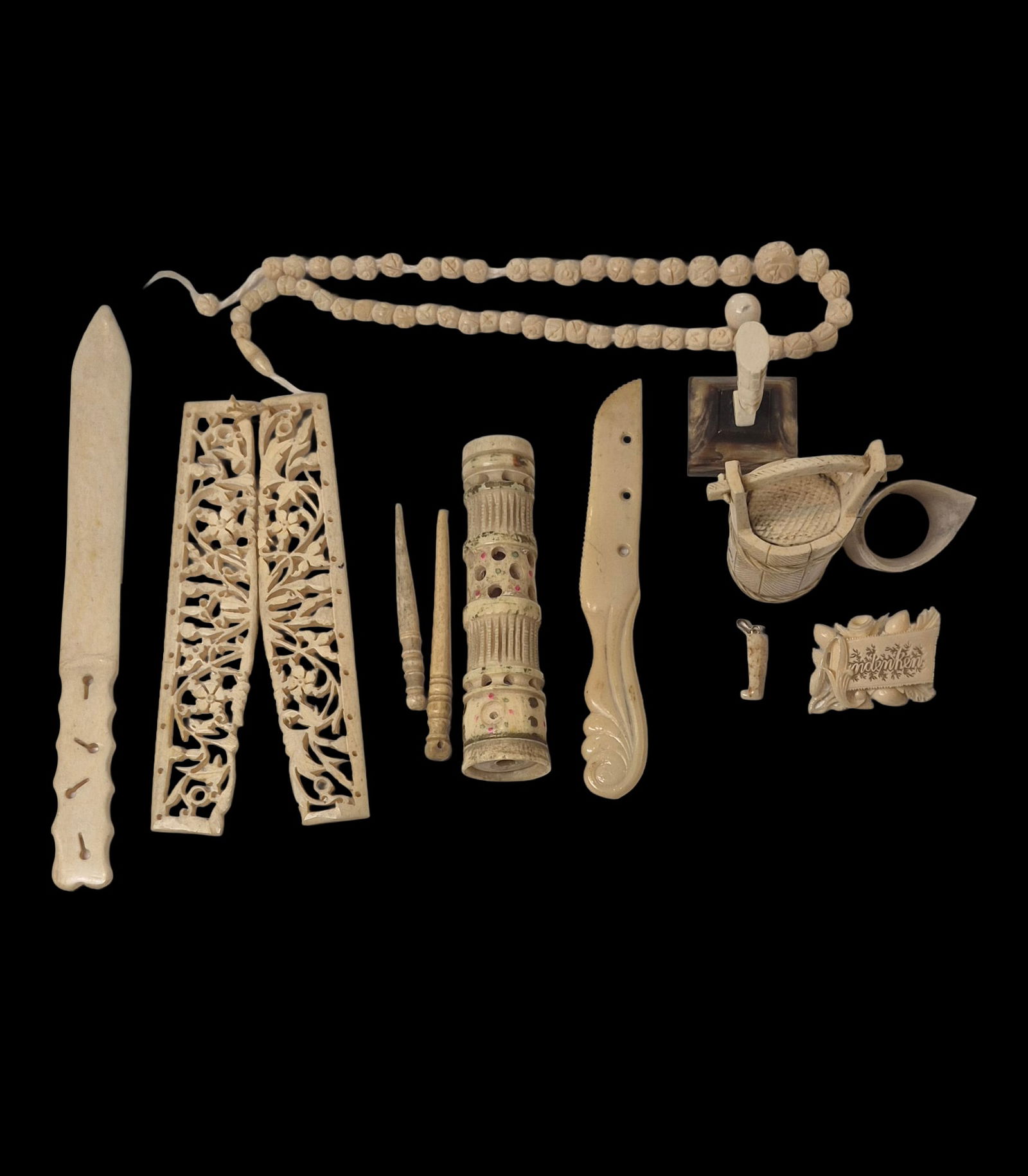 Large Assortment of Antique Asian and Inuit Carvings: 5.5"x 1" Large Assortment of Antique Asian and Inuit Carvings, Jewelery, Letter Opener, Parasol Handle, Book Binding, Small Pins, Assorted Sizes