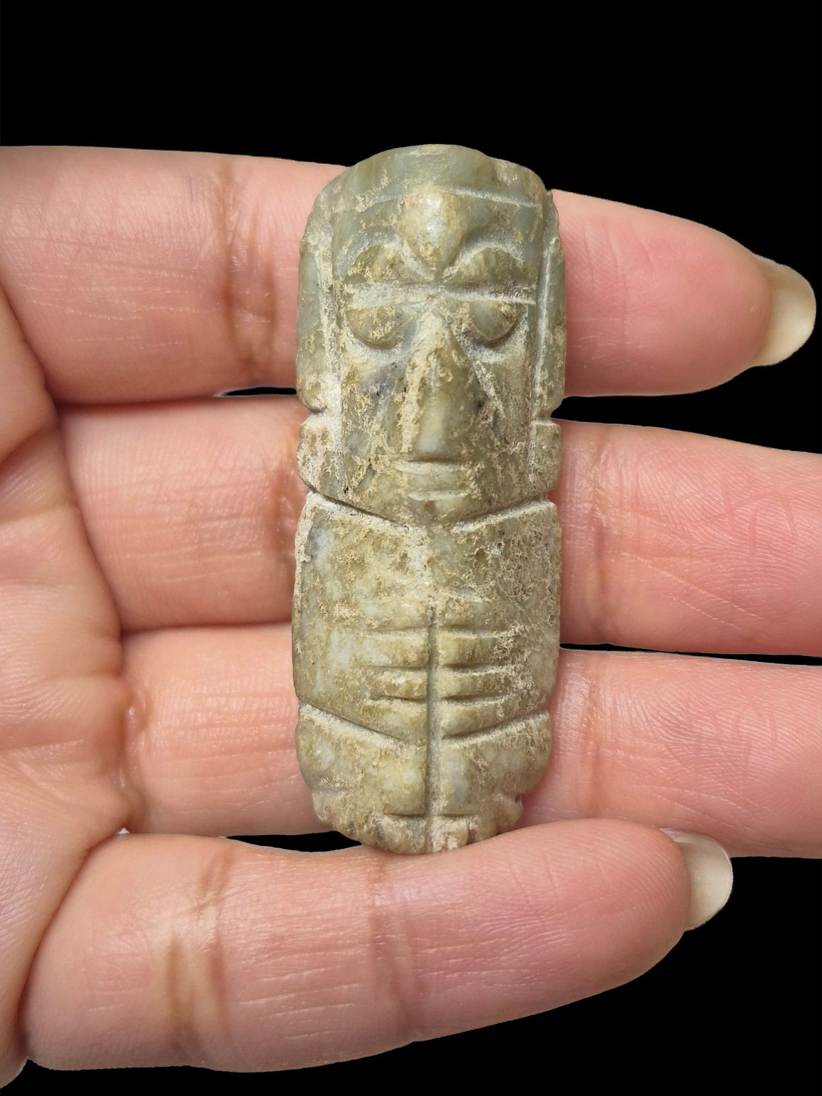 Pre-Columbian Mixtec Penate Jade Pendant: .5"x1.8" Pre-Columbian Mixtec Penate Jade Pendant, Jadetite Jade, Mixtec Culture 200 BC-600 CE