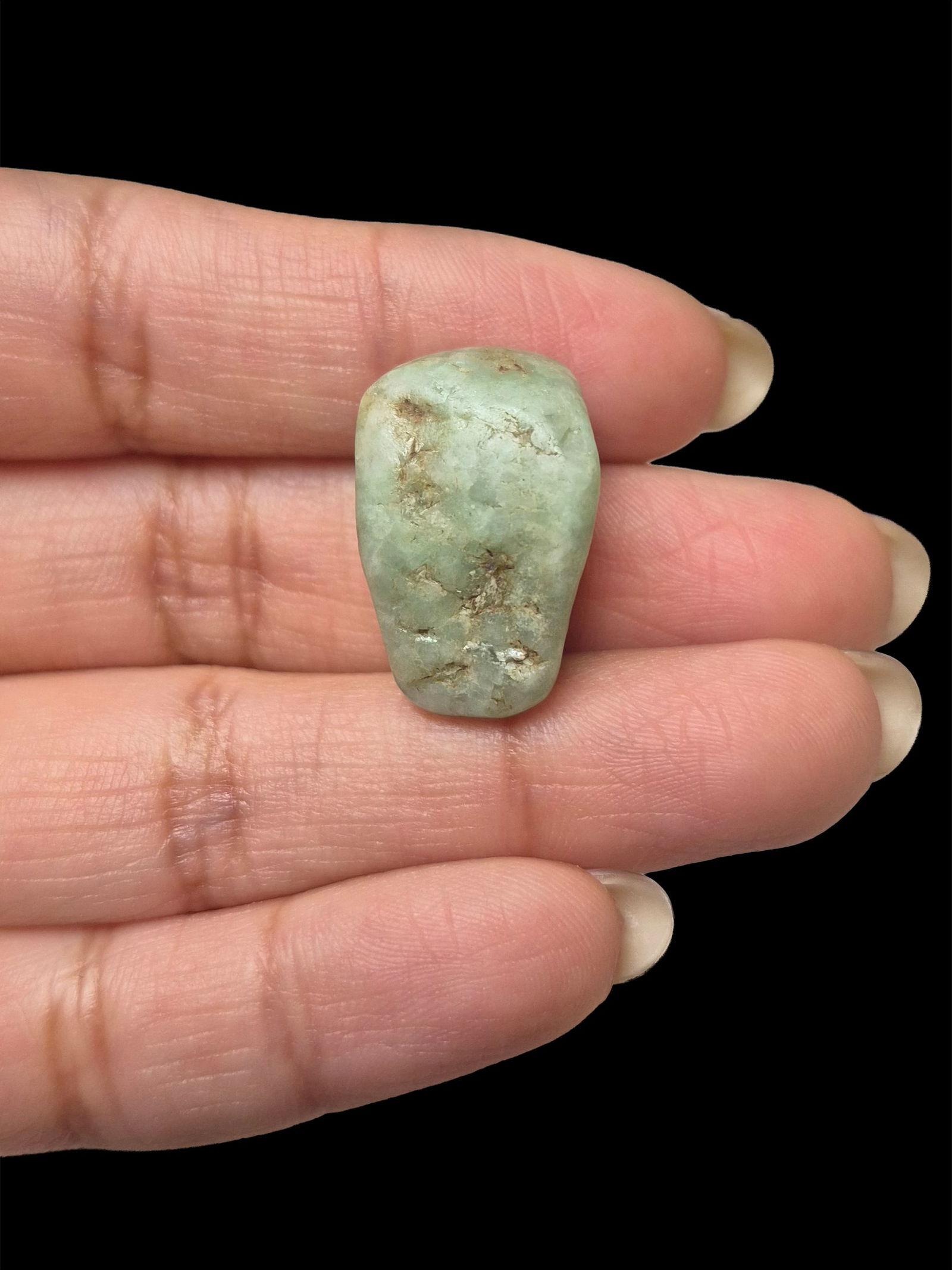 Pre-Columbian Mayan Jadiete Jade Face Bead: .5"x.75" Pre-Columbian Mayan Jadiete Jade Face Bead, Translucent, Mesoamerica, 300-800 AD