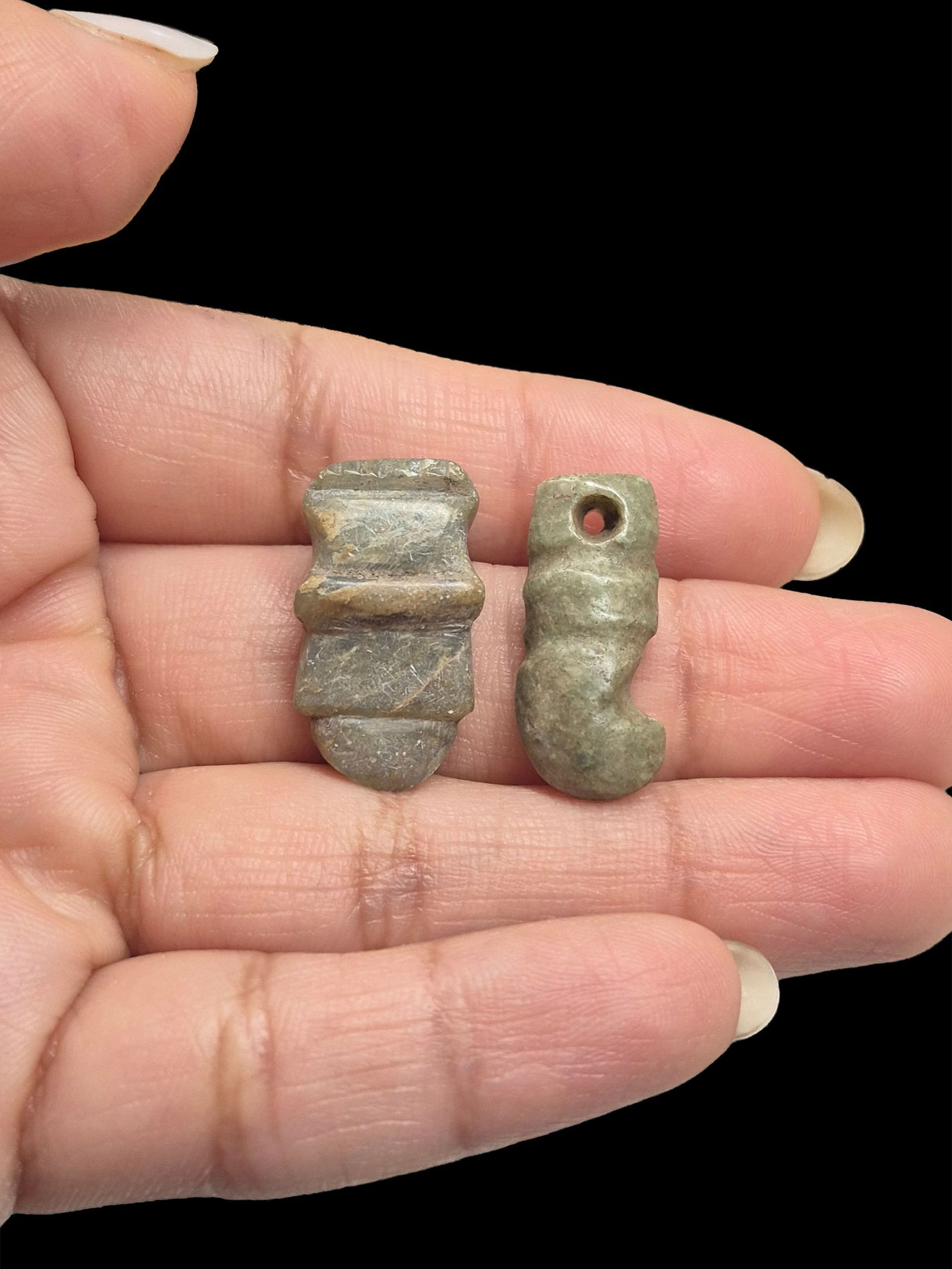 Pre-Columbian Mayan Jade Carved Pendant Beads: 7/8" x 3/8" Pre-Columbian Mayan Jade Carved Pendant Beads, Mesoamerica, 300-800 AD, Dimensions 7/8" x 1/2" and 7/8" x 3/8"