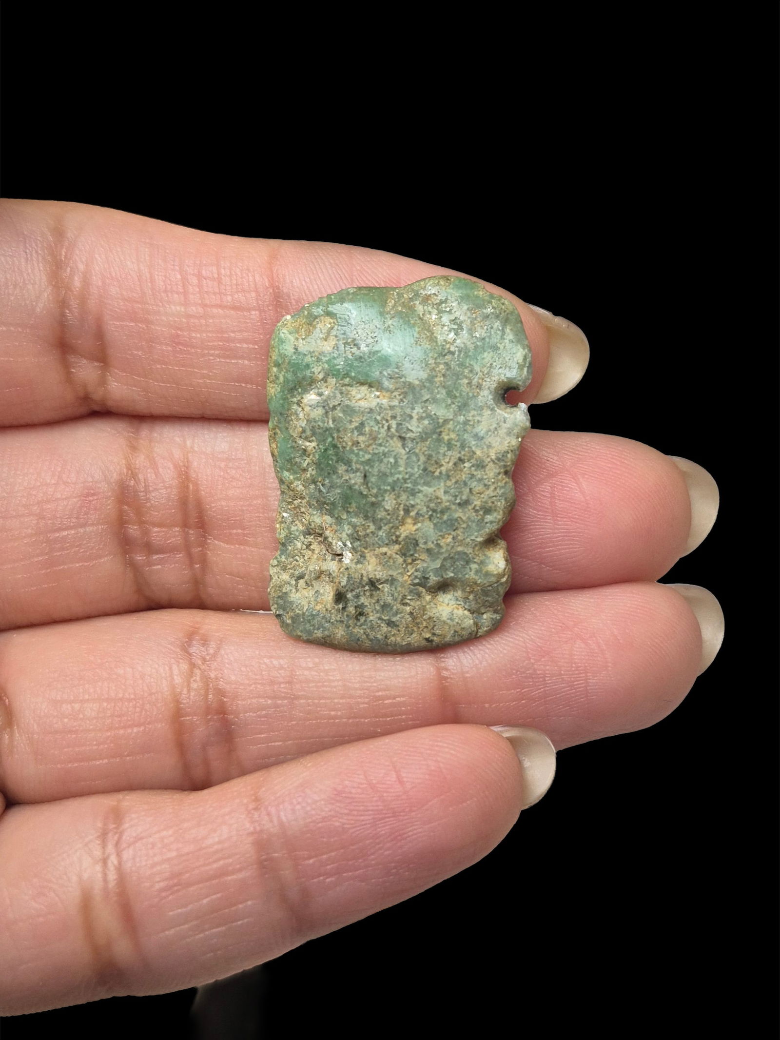 Pre-Columbian Green Jade Pendant: 1" x 3/4" Pre-Columbian Green Jade Pendant, Calcification, Mica Deposits, Mesoamerica, 300-800 AD