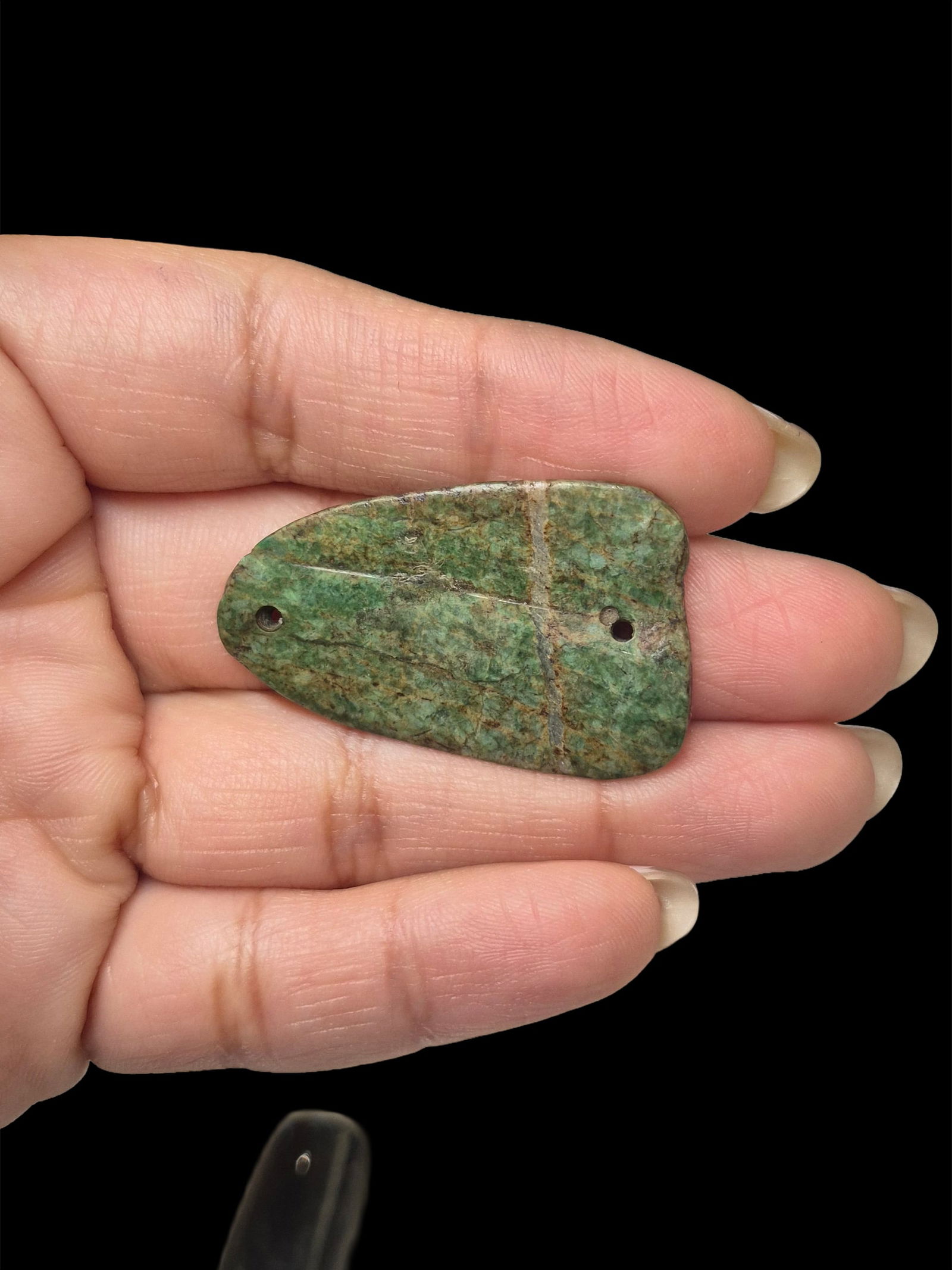 Pre-Columbian Carved Jade Ornament Pendant: 1.5" x .75" Pre-Columbian Carved Jade Ornament Pendant, Translucent, Mesoamerica 200-700 AD