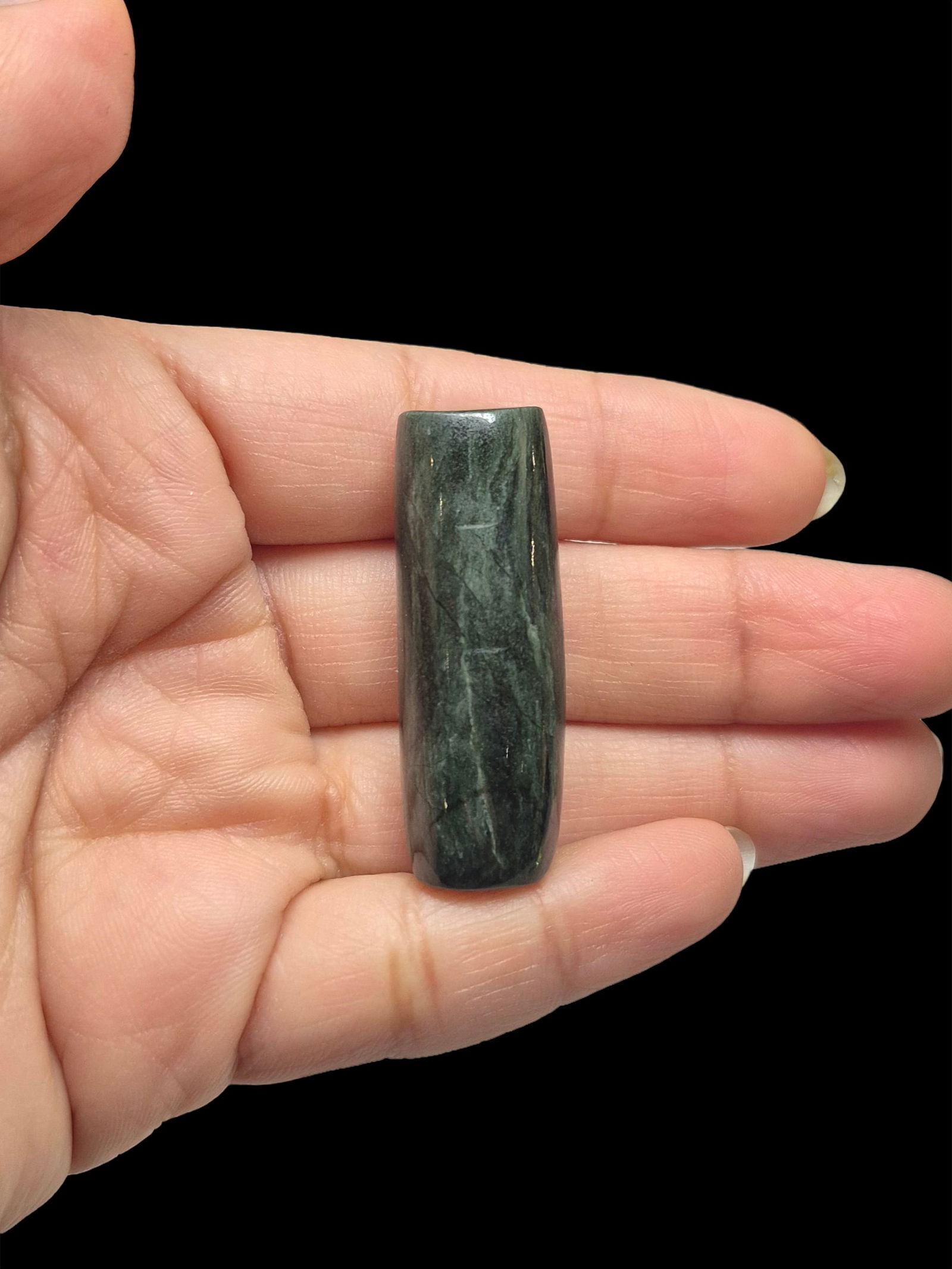 Pre-Columbian Green Jade Tubular Bead: .5"X1.5" Pre-Columbian Green Jade Tubular Bead, Nicoya Costa Rica, 500-800 AD