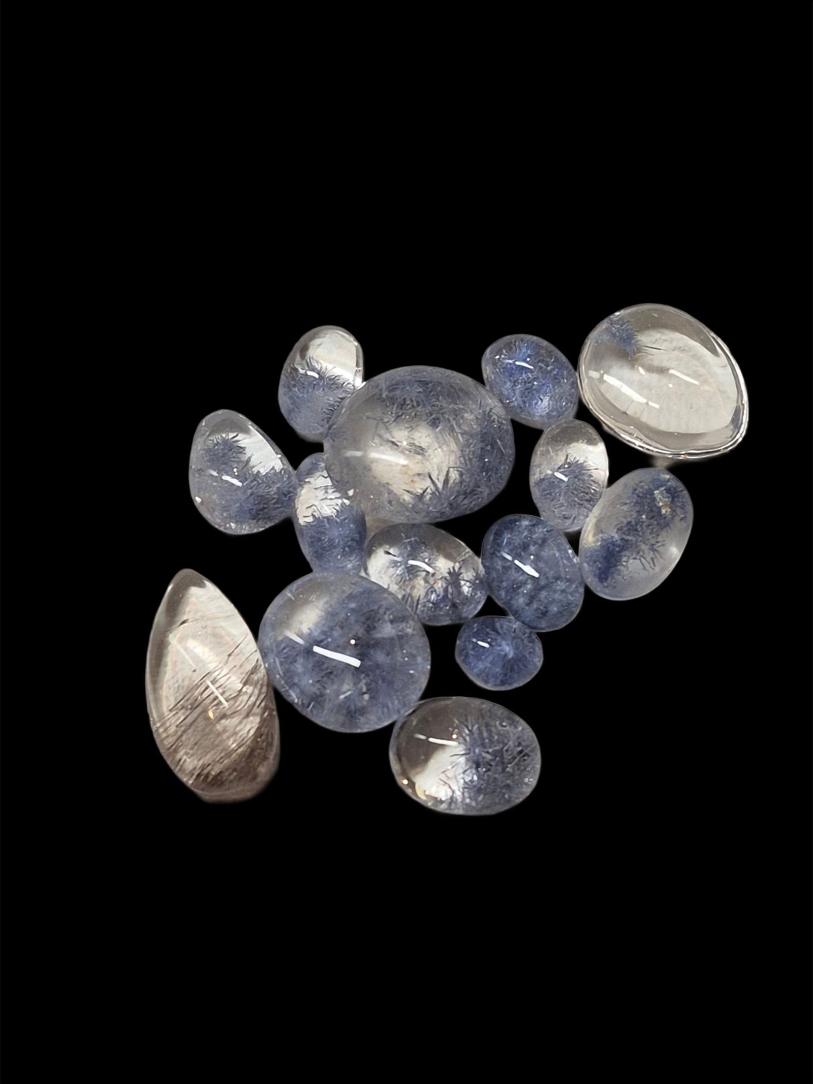 Natural Blue Dumortierite Quartz Crystals: 1" Natural Blue Dumortierite Quartz Crystals, 15 Cabochon Crystals, 1/4"-1" Size Range