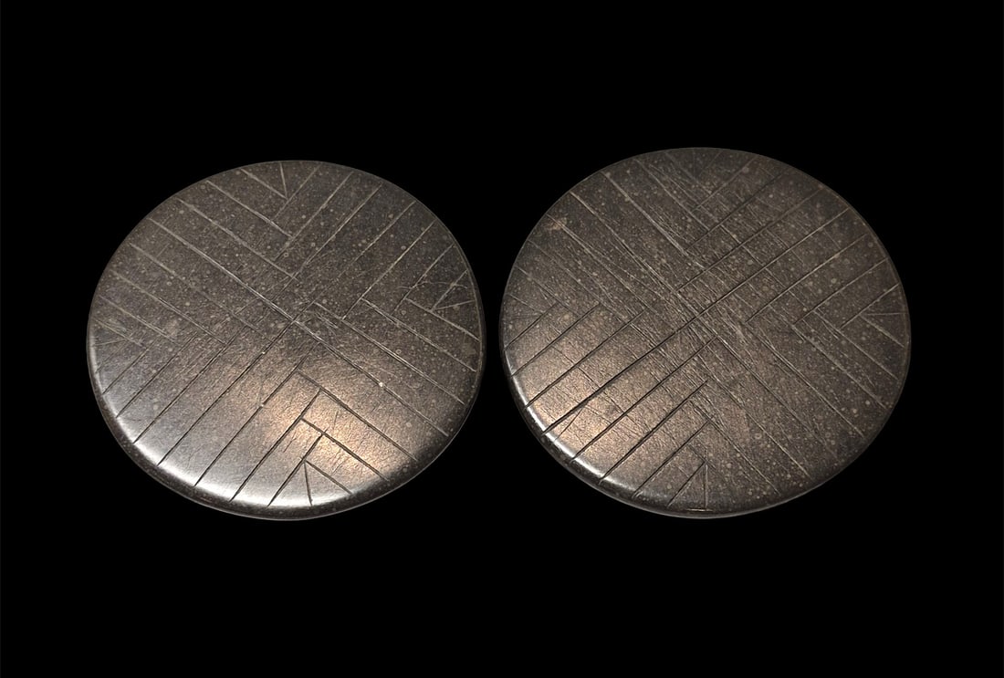 Pre-Columbian Style Ear Flares with Incised Lines: 2.5" x 5/8" Pre-Columbian Style Ear Flares with Incised Lines, Hard Stone with Incised Lines, Exact Age and Origin Unknown