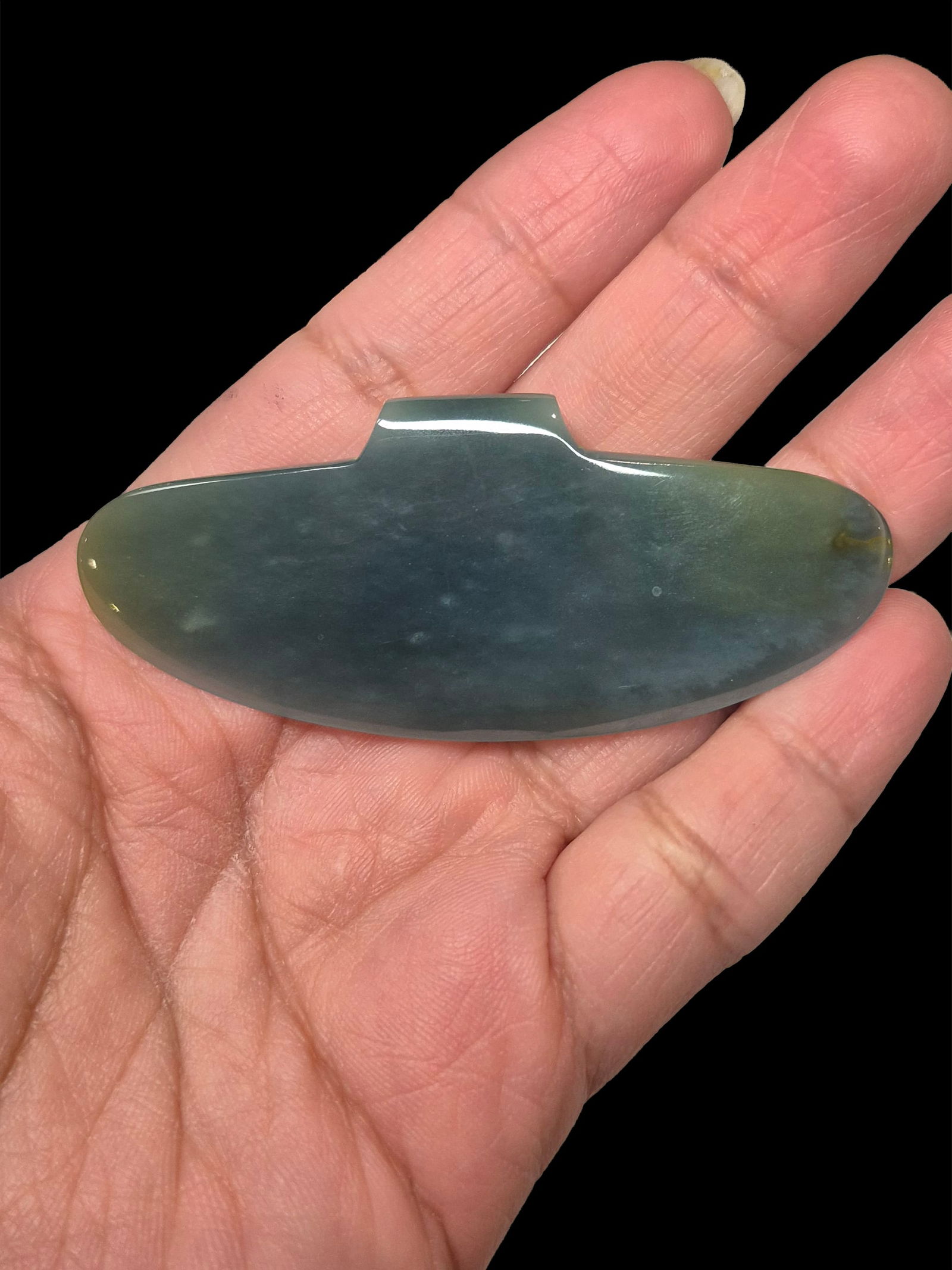 Pre-Columbian Style Green Blue Jadeite Jade Pectoral: 2.6"x1.1" Pre-Columbian Style Green Blue Jadeite Jade Pectoral, Translucent, Guatemala Motauga River Valley, Exact Age Unknown