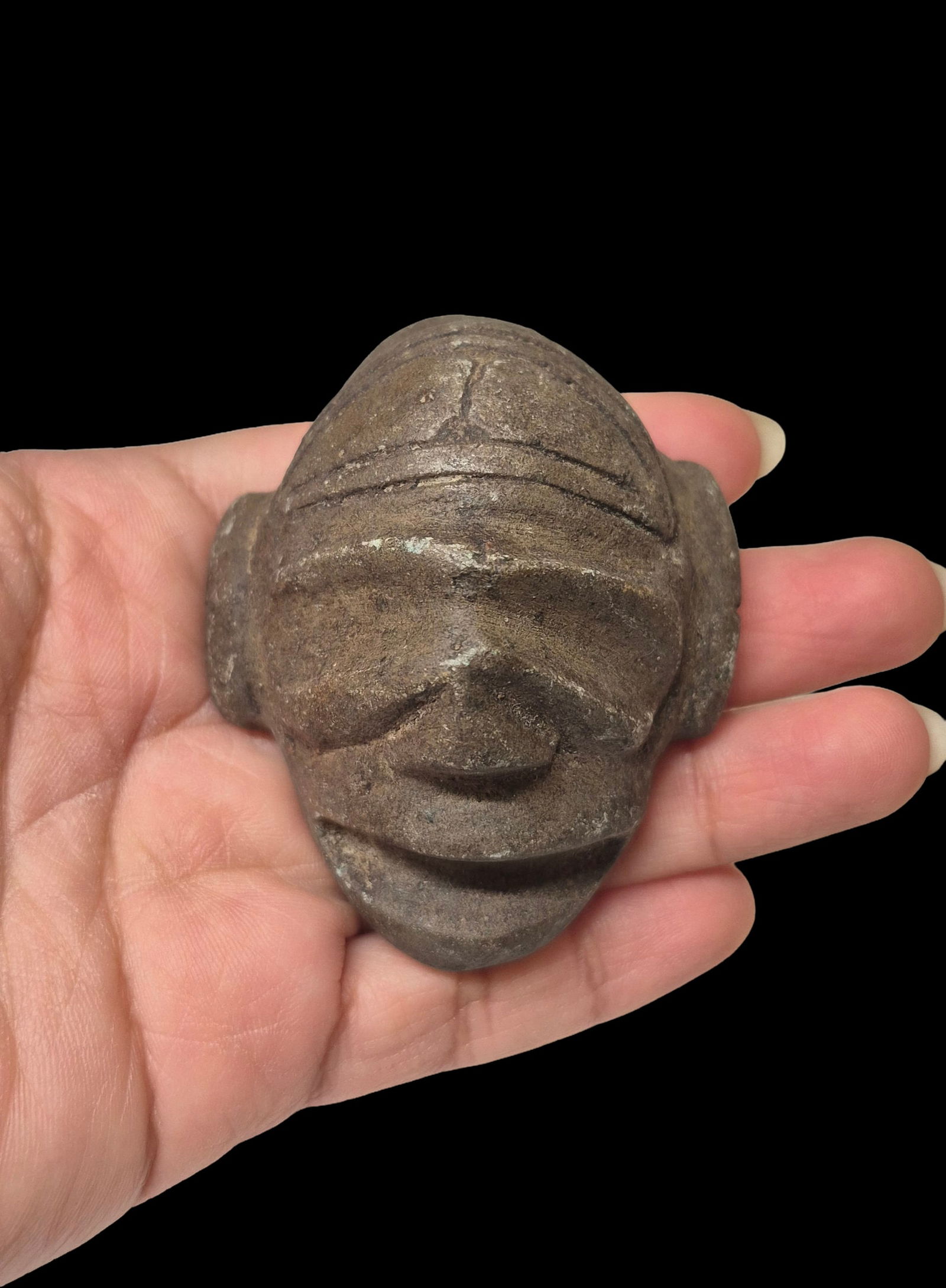 Pre-Columbian Taino Stone Carved Zemi Mask Idol Figure: 2"x2.3" Pre-Columbian Taino Stone Carved Zemi Mask Idol Figure, Taino Culture, 1100-1500 A.D