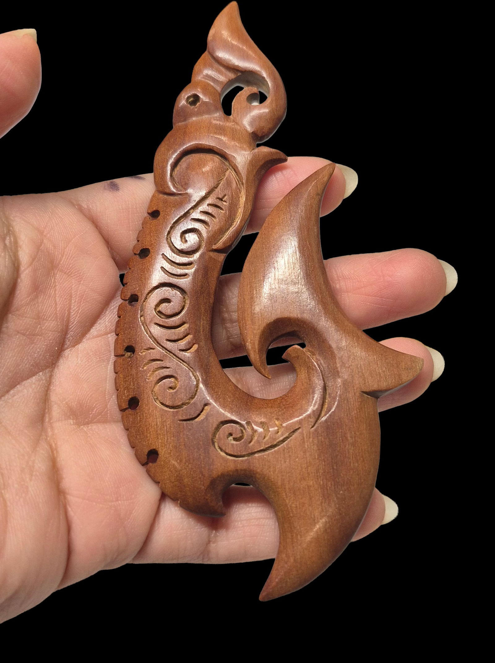 Maori Fish Hook Hei Matau: 5"x2.5" Maori Fish Hook Hei Matau, Hand Carved Wood Fish Hook, Mid-Century