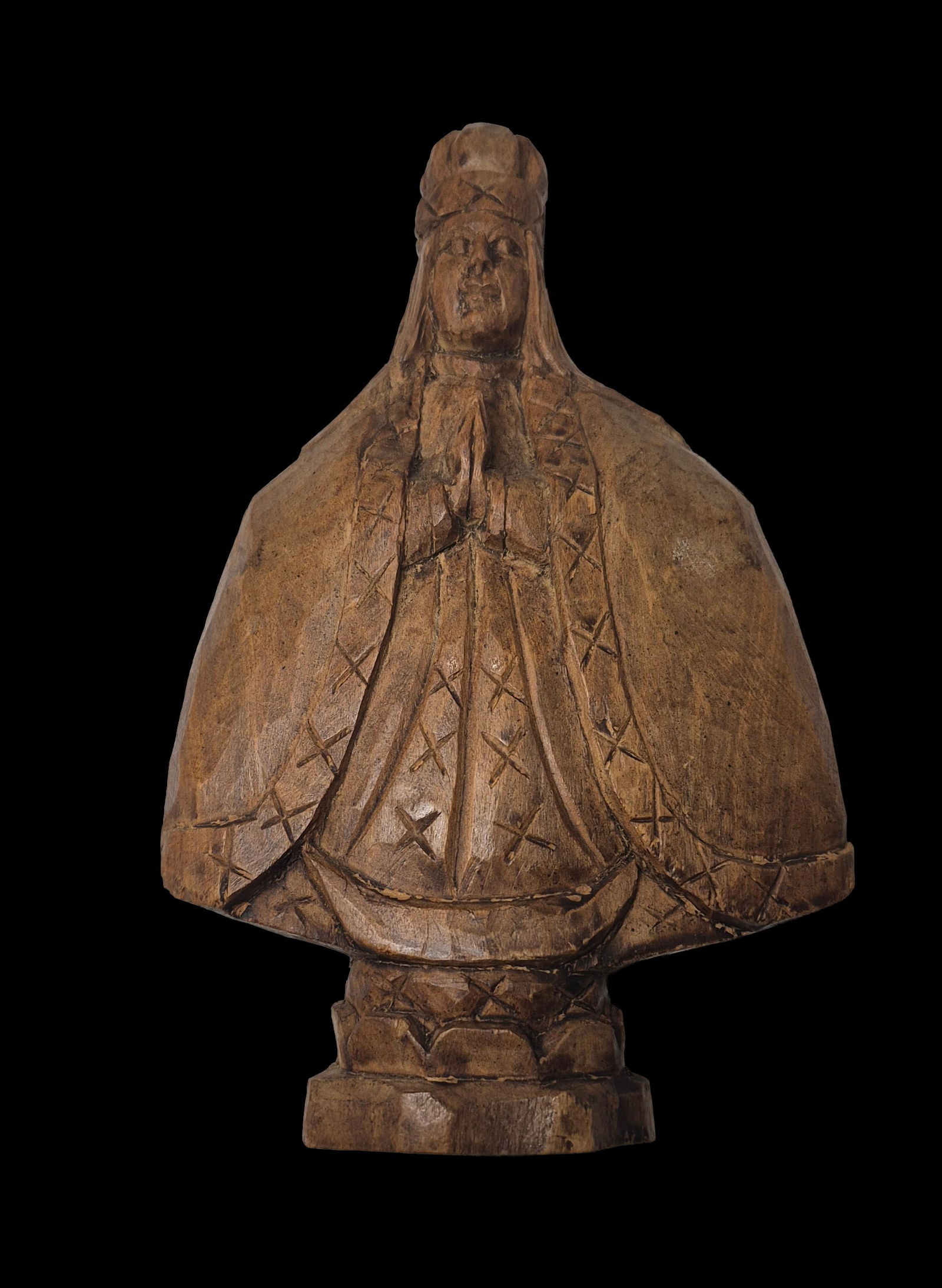 Spanish Colonial Santos Hand Carved Sculpture Of Madonna: 5"x7.5" Spanish Colonial Santos Hand Carved Sculpture Of Madonna, Excellent Patina