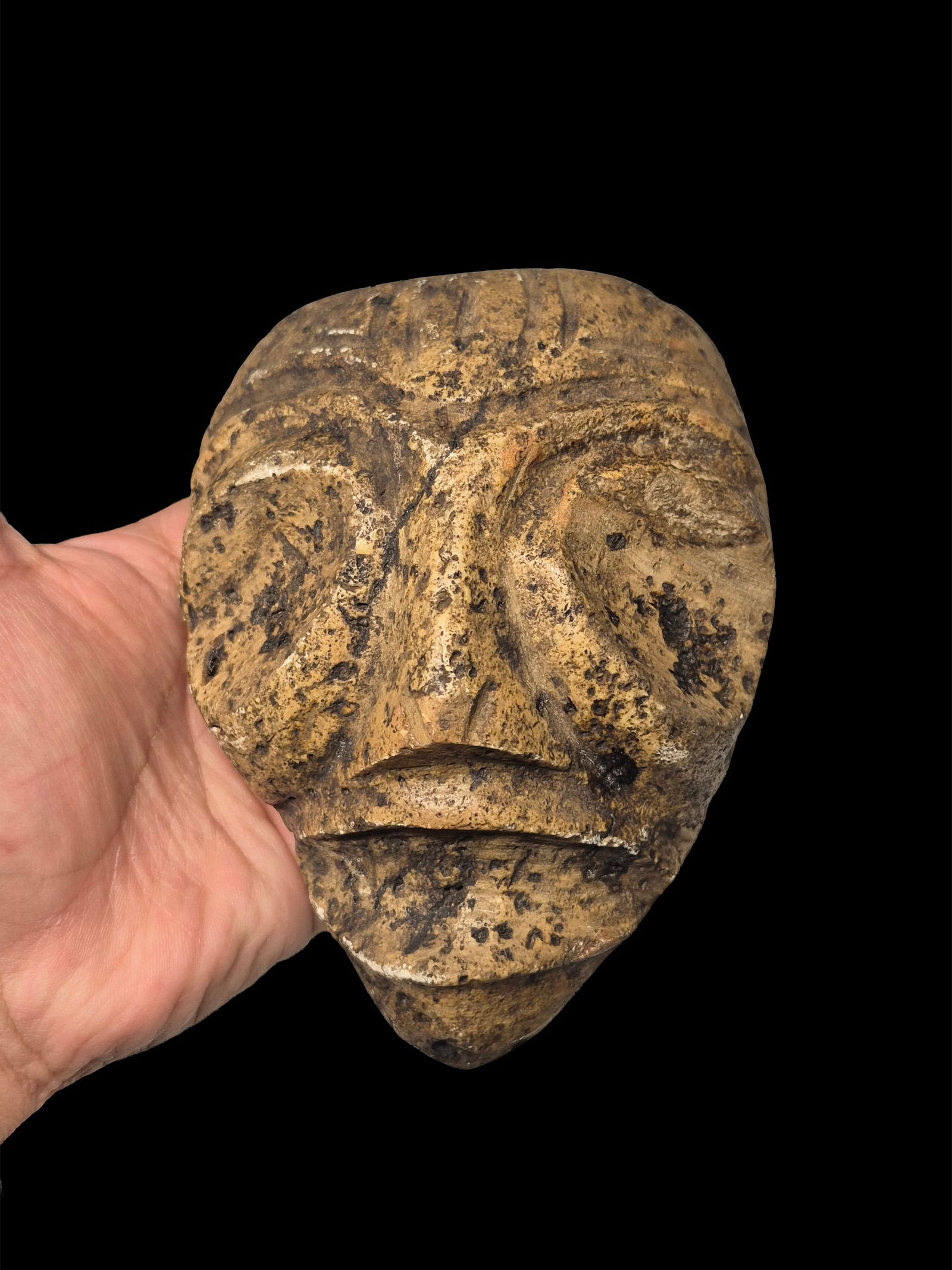 Pre-Columbian Taino Carved Stone Mask Effigy Figure: 4.2"x5.2" Pre-Columbian Taino Carved Stone Mask Effigy Figure, Taino Culture, ca. 1100-1500 A.D