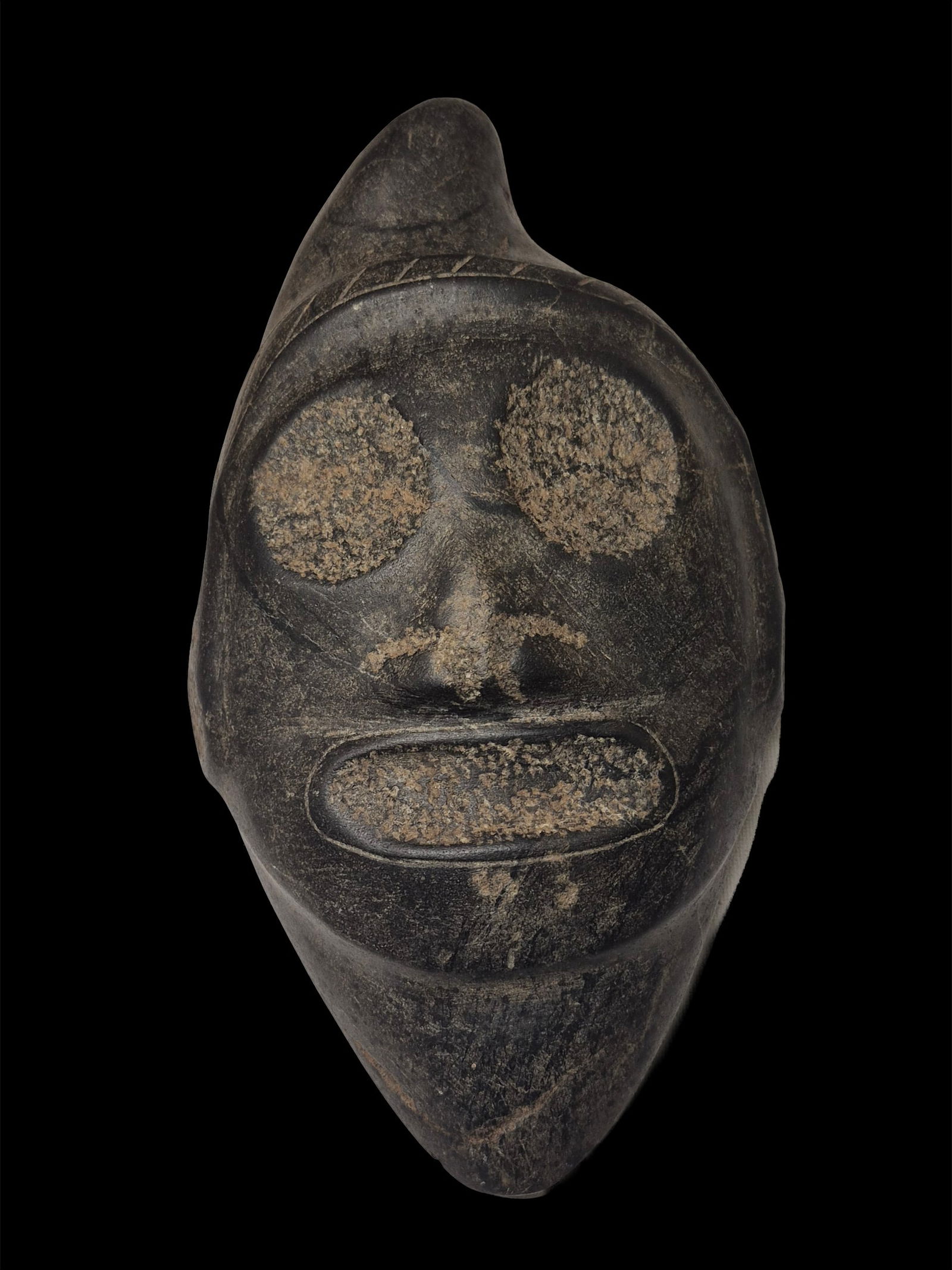Pre-Columbian Taino Carved Stone Zemi Mask: 6"x9.1" Pre-Columbian Taino Carved Stone Zemi Mask, Taino Culture ca. 1100-1500 A.D