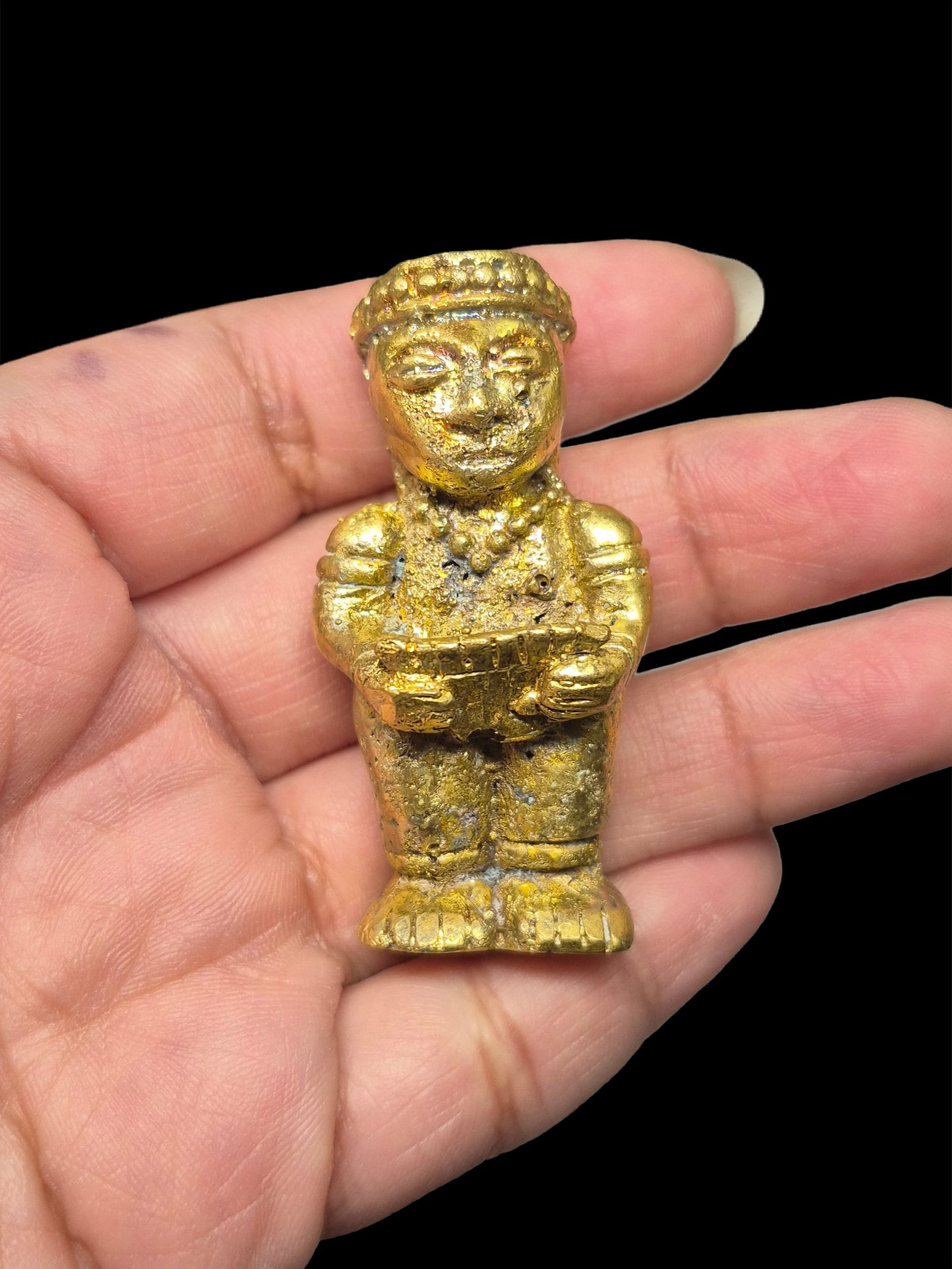 Pre-Columbian Tumbaga Standing Figure with Offering Vessel (1 of 5)