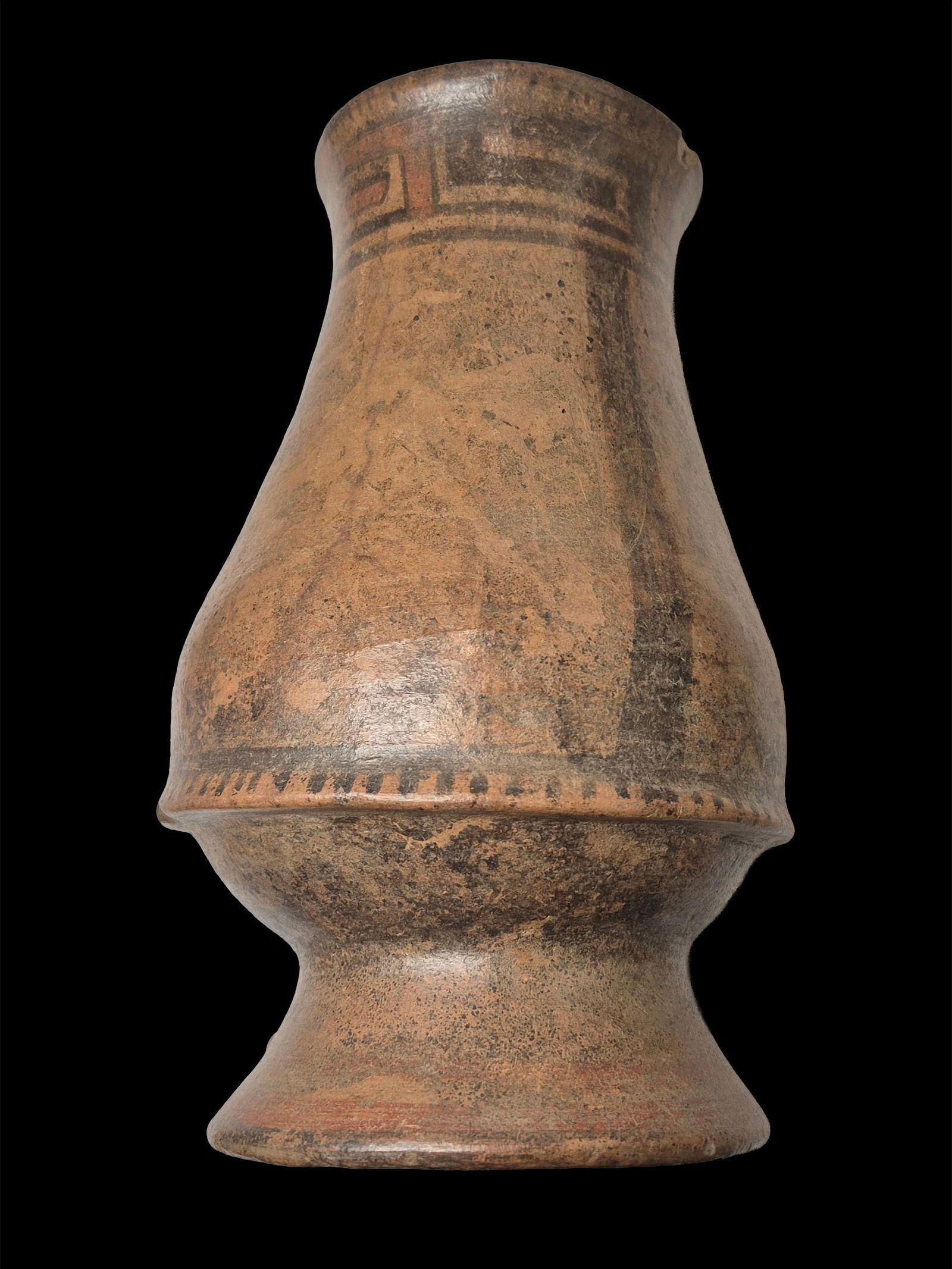 Pre-Columbian Mayan Polychrome Ceremonial Urn: 8"x10.2" Pre-Columbian Mayan Polychrome Ceremonial Urn, Polycrhome Geometric Pattern, Mineral Deposits, Mica Deposits, Magnesium Blooms, Mesoamerica 550-950 A.D