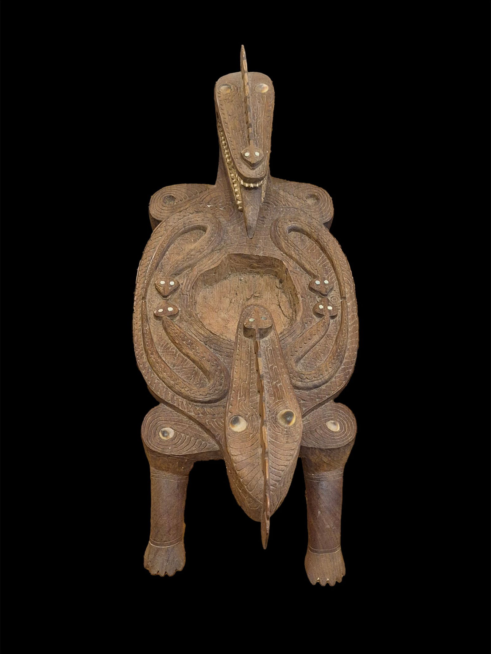 Maori Mid Century Serpent Headrest with Inlay: 25"x9.3" Maori Mid Century Serpent Headrest, Wood Hand Carved Headrest, Inlay Mother Of Pearl