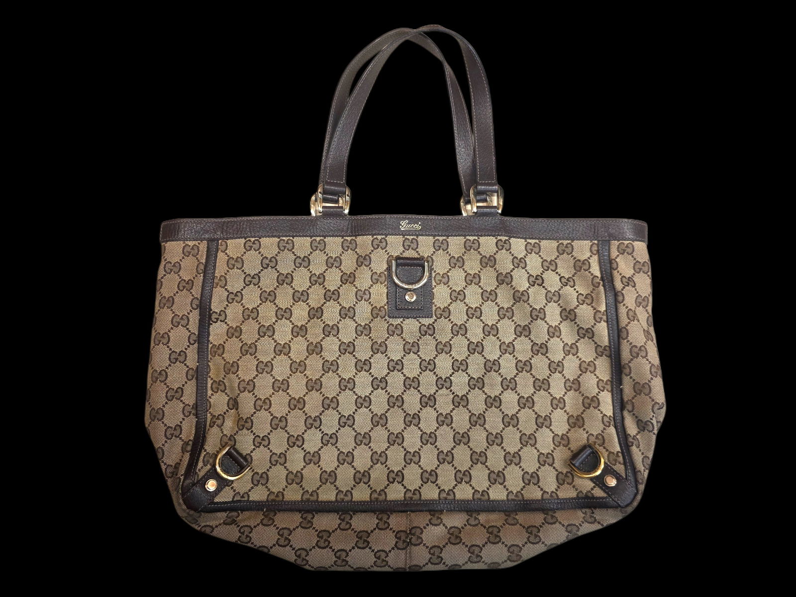 Gucci Abbey D-Ring Tote Bag, Gucci Monogram Tote: 15.25" x 10.75" Gucci Abbey D-Ring Tote Bag, Monogram Canvas, Dark Brown, Good Used Condition, 100% Authentic, Serial NO141472