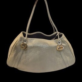 Gucci Guccissima Twins Shoulder Bag, Leather: 9.8" x 13.8" Gucci Guccissima Twins Shoulder Bag, Metallic Cream Leather, 100% Authentic, Serial No. 232963 520981