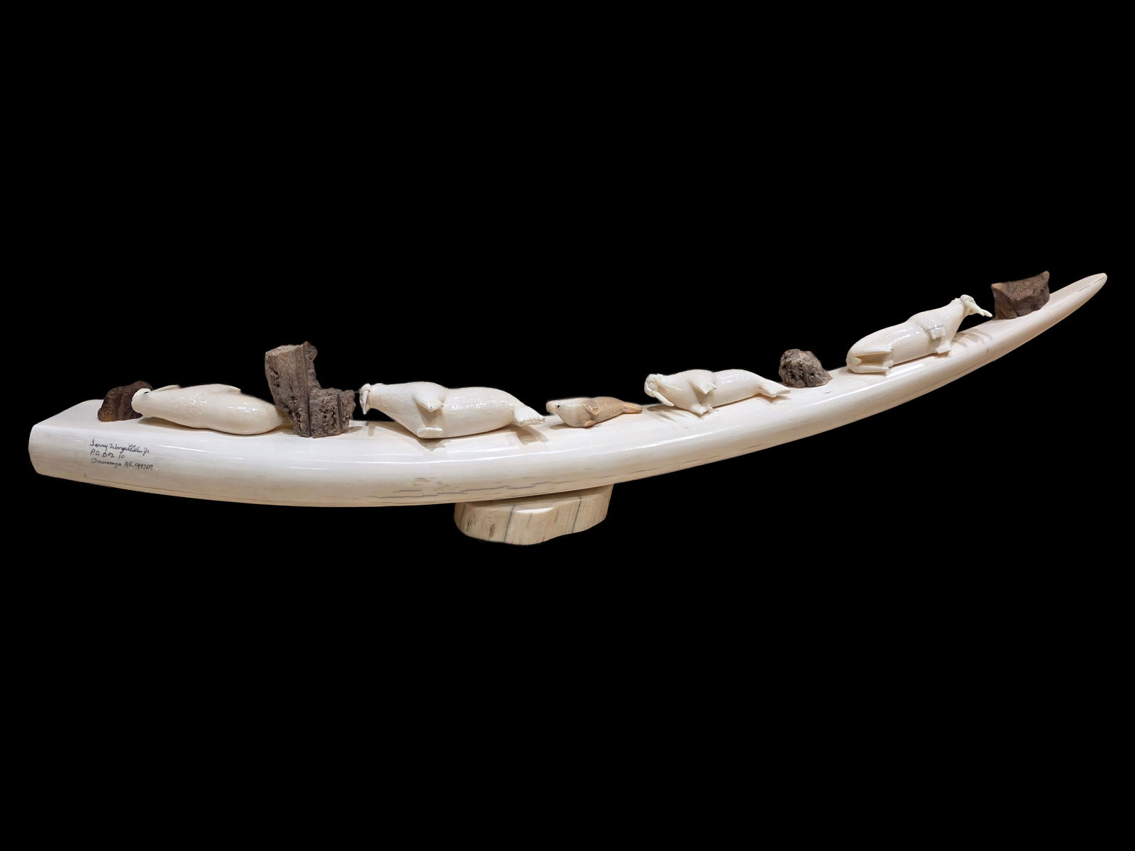 Antique Inuit Artic Wildlife Carving, Signed By Artist: 22" x 2.75" Antique Inuit Artic Wildlife Carving, Signed By Artist, Siberian Yupik artist Jerry Wongittilin Jr. from Savoonga, Alaska.