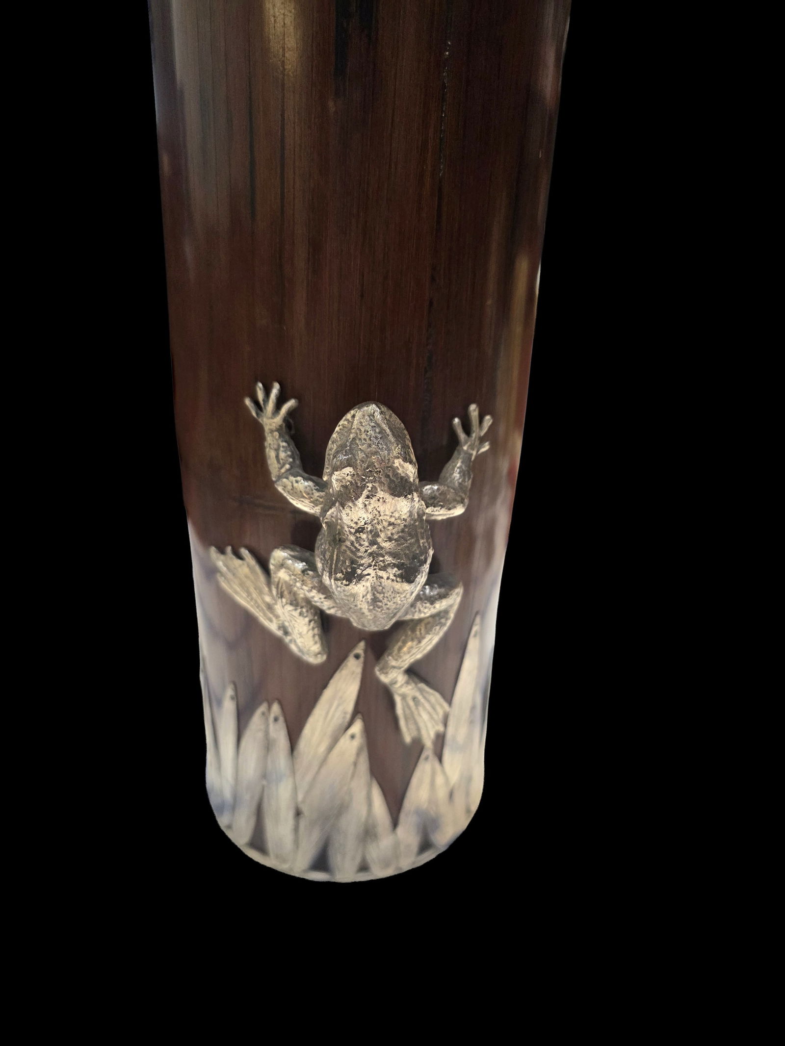 20th Century Japanse Bamboo Vase with Silver Frog: 18.25" x 5" 20th Century Japanse Bamboo Vase with Silver Frog, Referred to as "Hungry Frog" vases from the 20th Century Showa Era