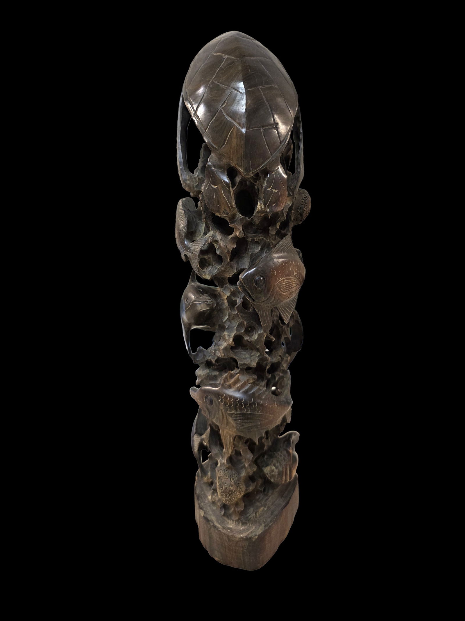 Handcarved Ironwood Sealife Carving, "Tree of Life": 18" x 5.5" Hand Carved Ironwood Sealife Carving, "Tree of Life" Sculpture, this sculpture of dolphins , turtles and indigenous aquatic life was carved from a single piece of ironwood