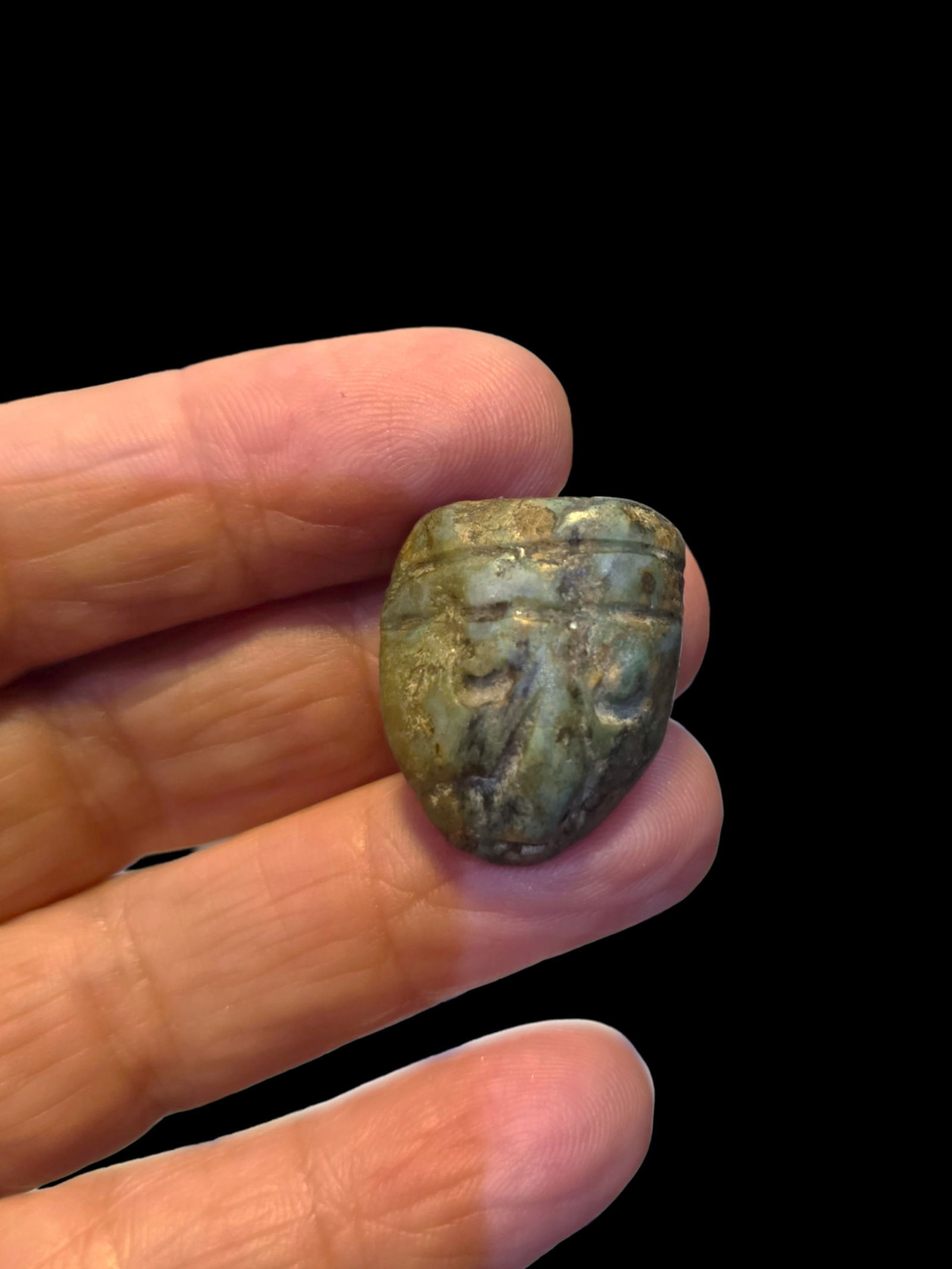 Pre-Columbian Jade Maskette Pendant, Mayan: .75" x .75" Pre-Columbian Jade Maskette Pendant, Mayan, Mesoamerica 300-800 CE