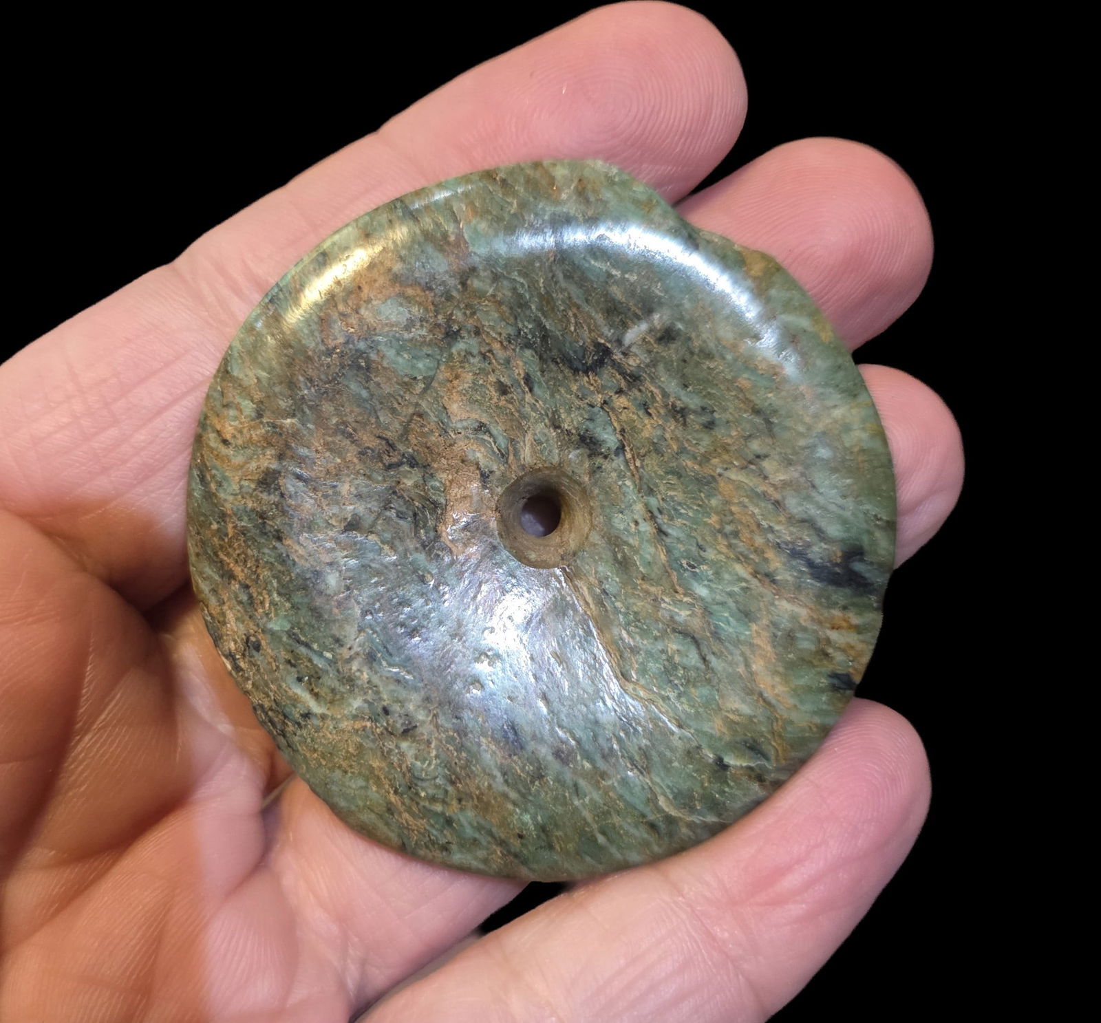 Pre-Columbian Jade Earspool, Mayan: 2" Pre-Columbian Jade Earspool, Mayan, Translucent Jade, High Polish, Ancient Mesoamerican Civilizations, 300-800 C.E.