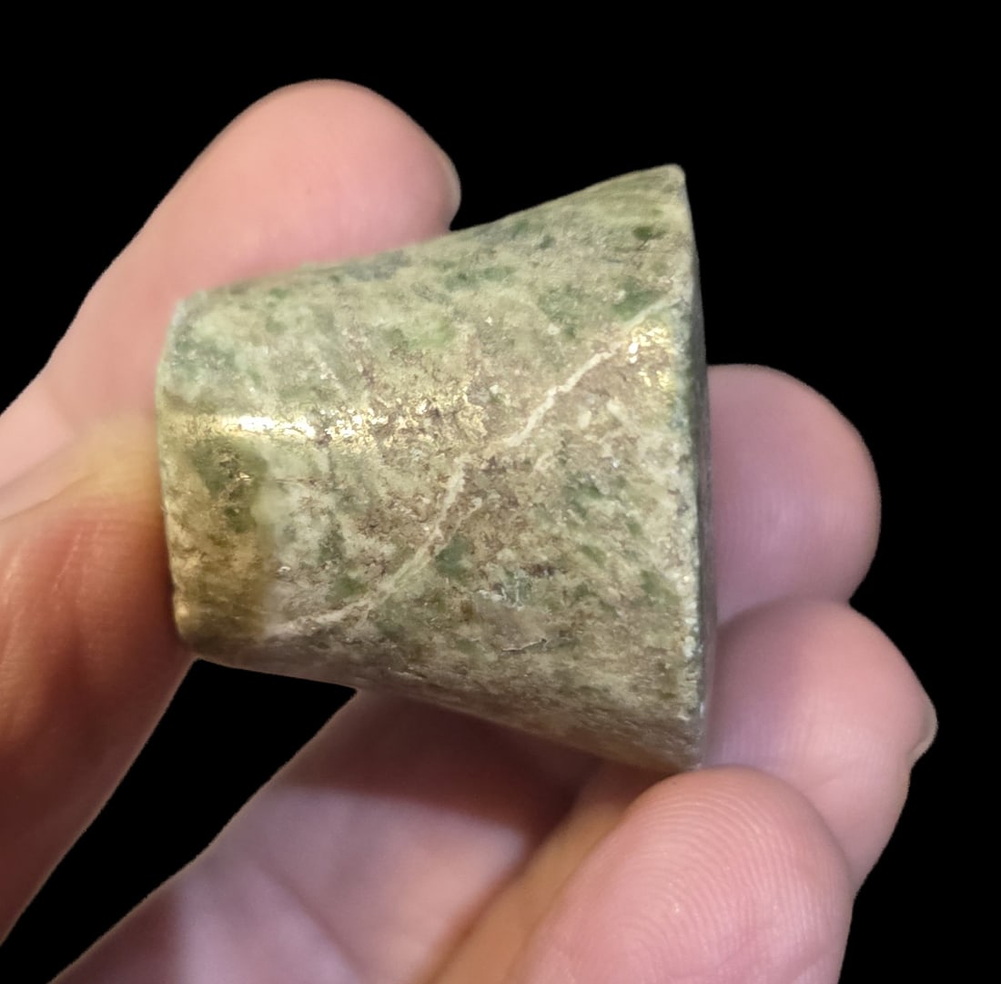 Pre-Columbian Mayan Jade Ear Spool: 1" x 1" Pre-Columbian Mayan Jade Ear Spool, Mayan Green Jade, Mineral Deposits, Conical Holes,( Museum Wax On Bottom of Ear Spool Removable )Mesoamerica 300-800 C.E.