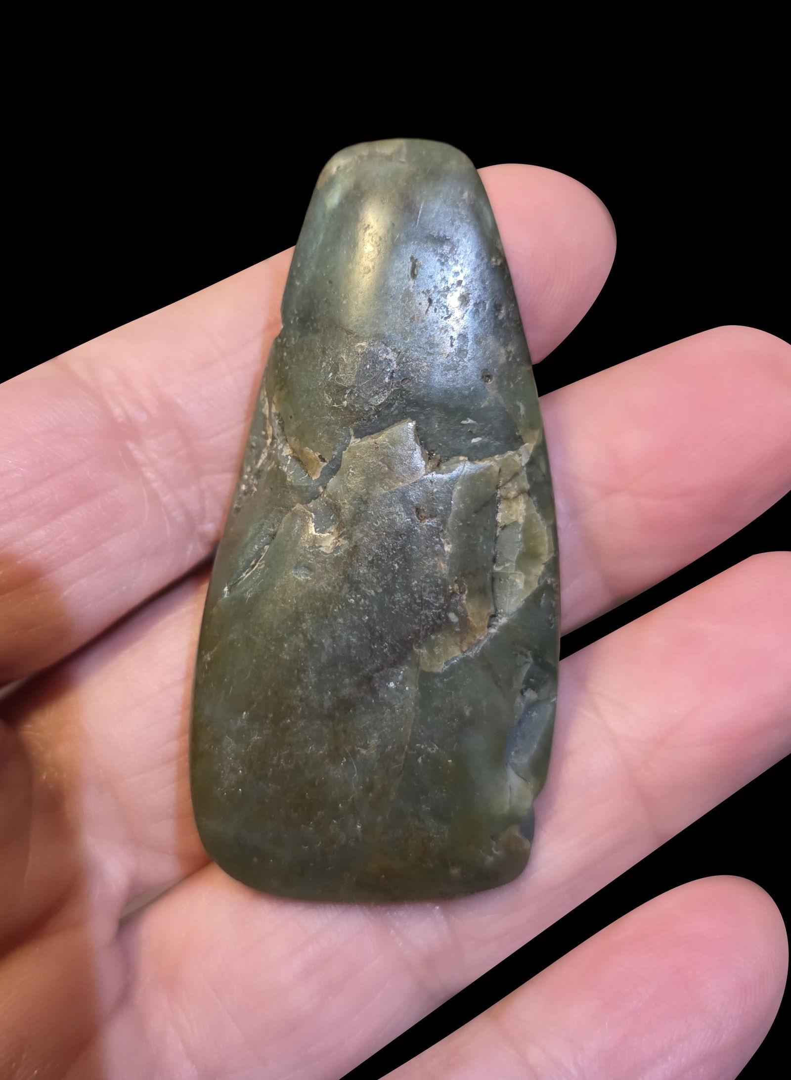 Pre-Columbian Jadeite Axe Celt Pendant: 2' x 1" Pre-Columbian Jadeite Axe Celt Pendant, Translucent Jadeite, Nicoya Costa Rica 500-800 C.E.