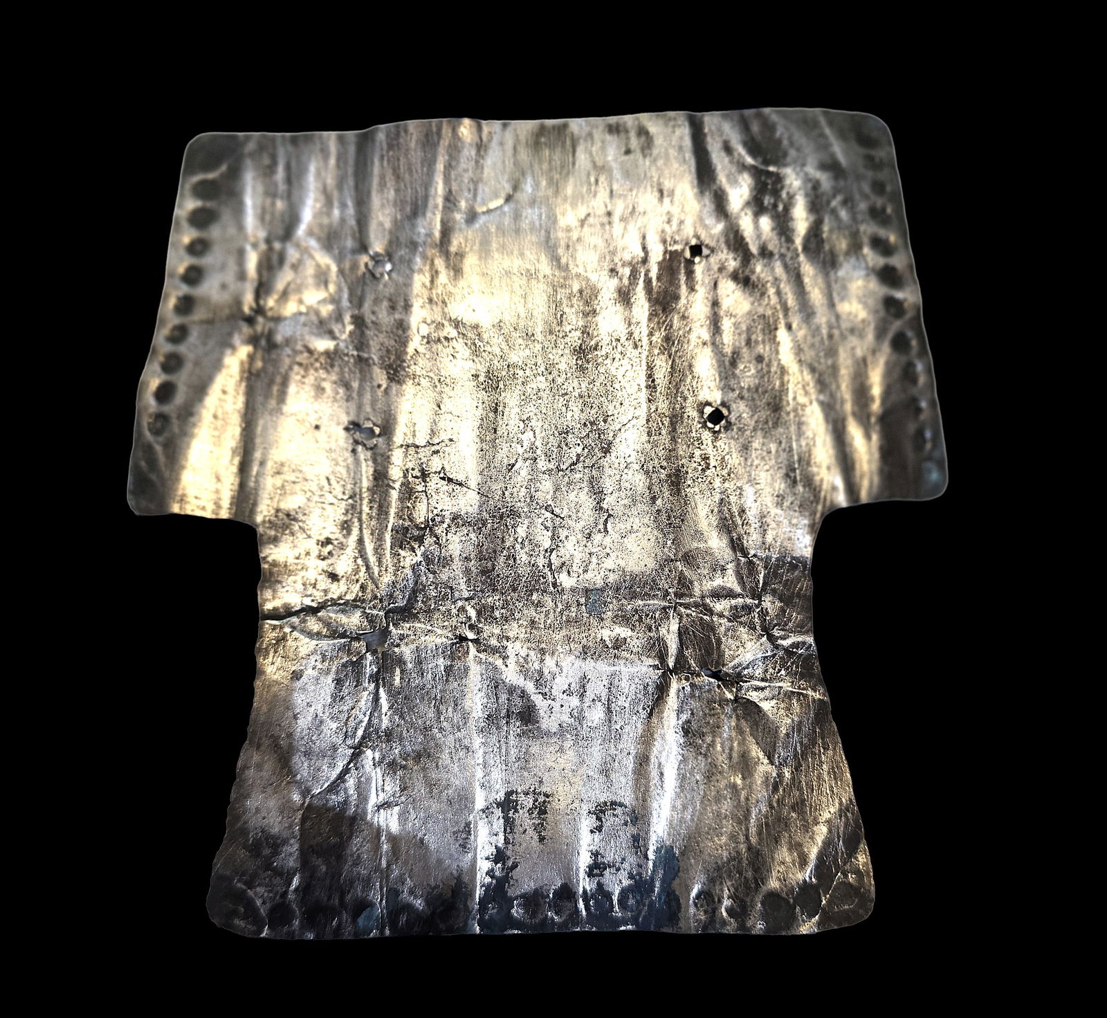 Pre-Columbian Silver Pectoral, Chimu: 5.5" x 5" Pre-Columbian Silver Pectoral, Chimu Culture, 800-1200 C.E.