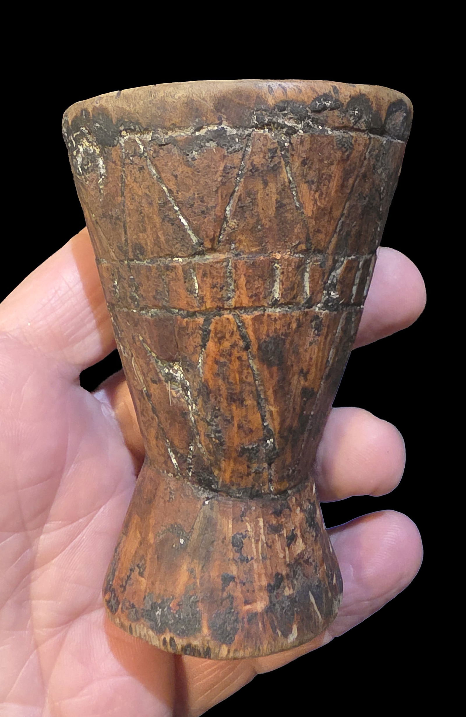 Pre-Columbian Ceremonial Wood Kero Cup with Abstract Lines: 2.5" x 3.75" Pre-Columbian Wood Kero Cup with Abstract Lines, Cermonial Cup, Excellent Patina, Mineral Deposits, Chimu 800-1200 C.E.