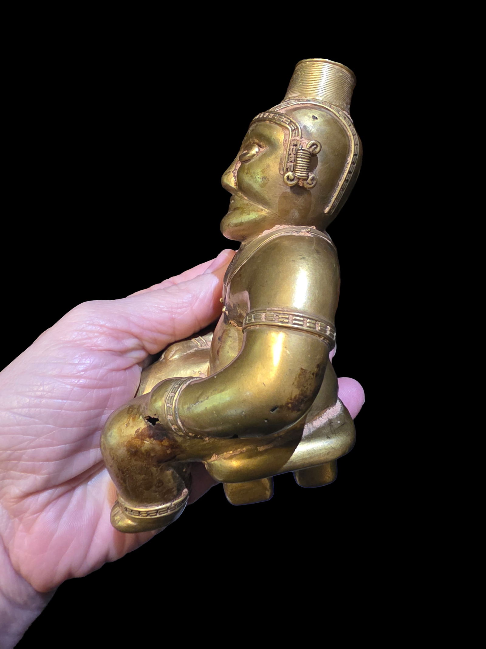 Pre-Columbian Tumbaga Cacique Seated Figure: 5.5' x 3.5" Pre-Columbian Tumbaga Cacique Seated Figure, Quimbaya Culture of Ancient Colombia, 800-1200 C.E.