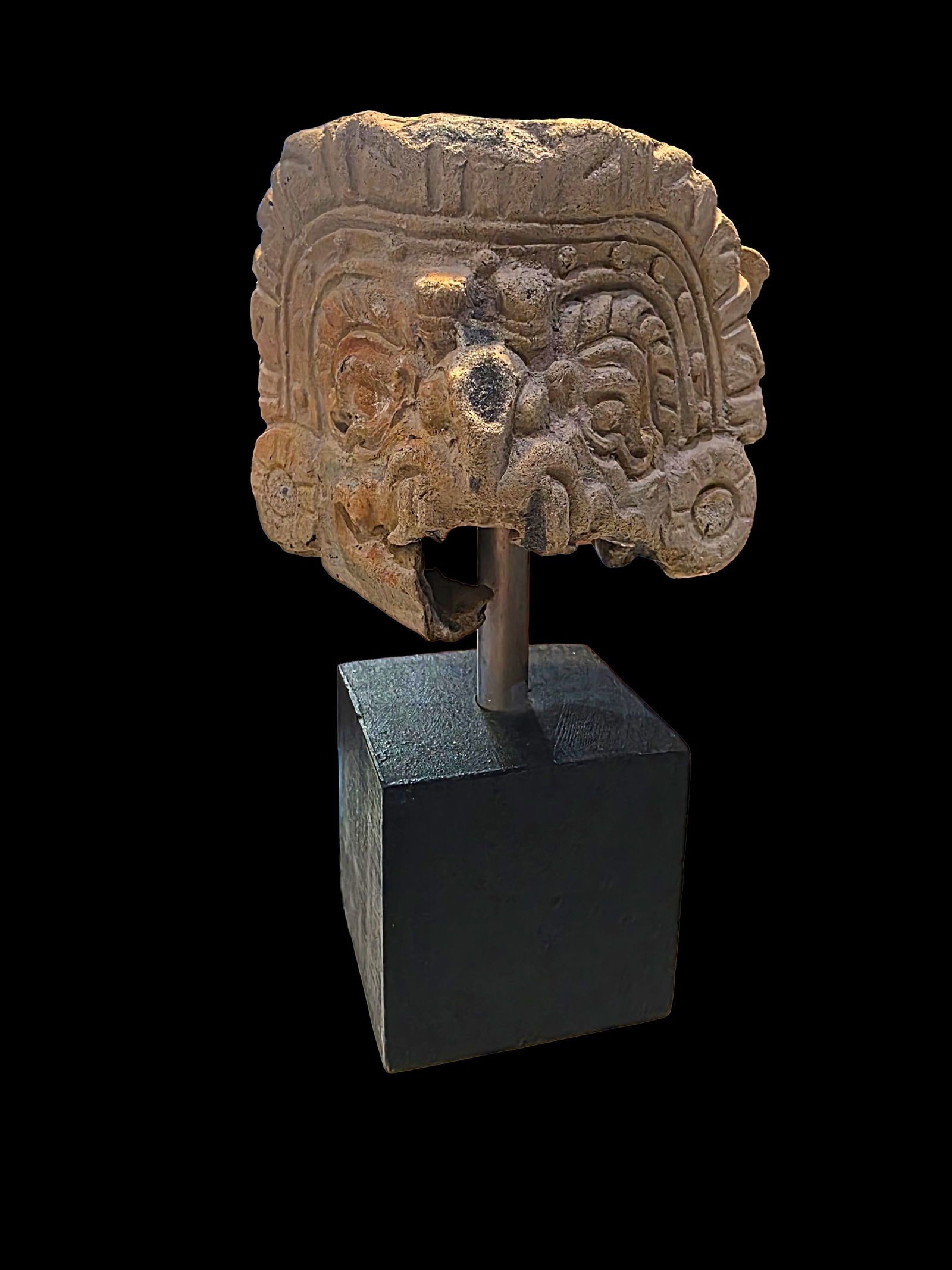 Pre-Columbian Toltec Ceremonial Diety Fragment: 6" x 4.5" Pre-Columbian Toltec Ceremonial Diety Fragment on Custom Base, Mesoamerica 500-900 C.E. , Dimensions include base