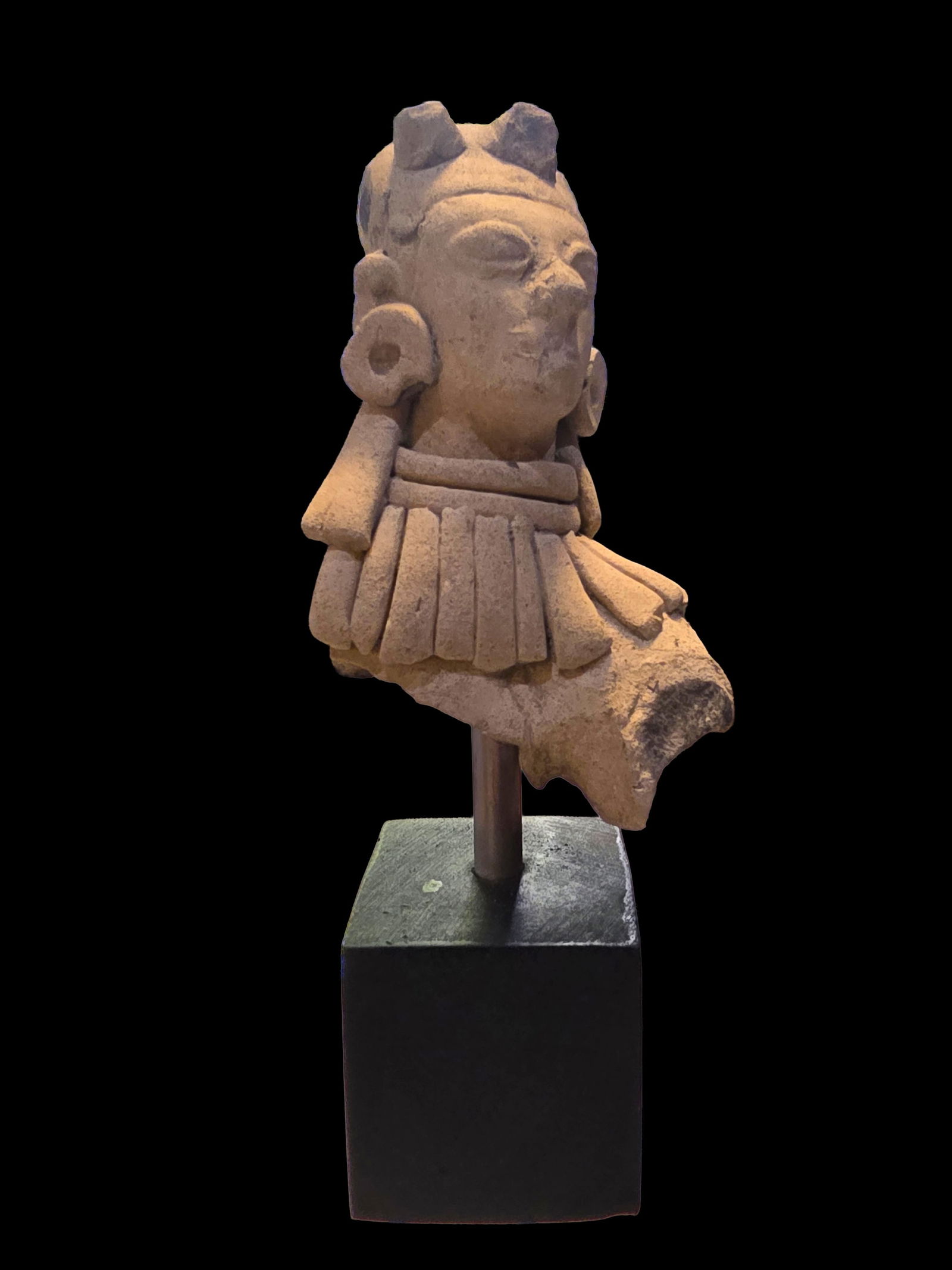 Pre-Columbian Classic Veracruz Culture Offering On Custom Base: 8.5" x 3.5" Pre-Columbian Classic Veracruz Culture Offering On Custom Base, Ceremonial Offering Fragment, Veracruz Culture 600?900 A.D., Dmiensions include base