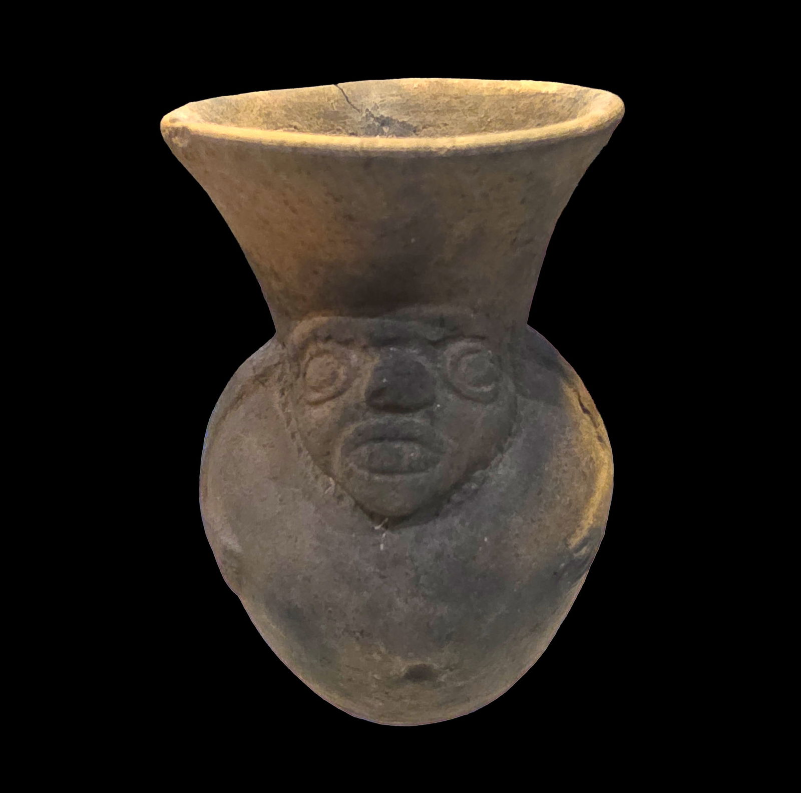 Pre-Columbian Clay Vessel, Mayan Ceramic: 4.75" x 3.25" Pre-Columbian Clay Vessel, Mayan Vessel with Effigy Depiction, Mesoamerica, 300-800 C.E.