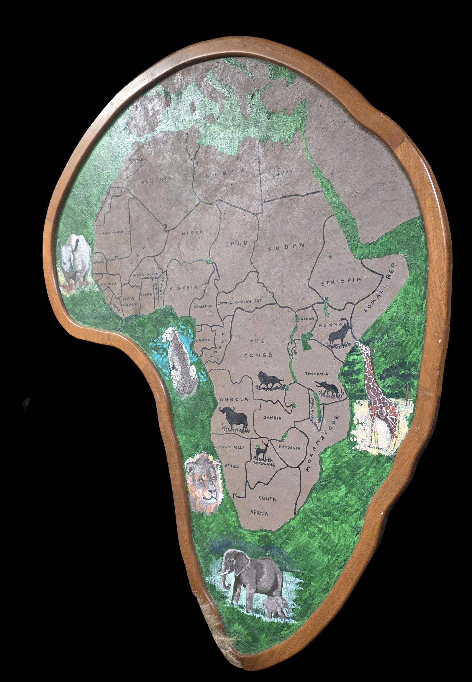 Vintage Elephant Ear Taxidermy Map: 54" x 58" Mid-Century Elephant Ear Taxidermy Map, Framed, Painted Ear with Map of Africa