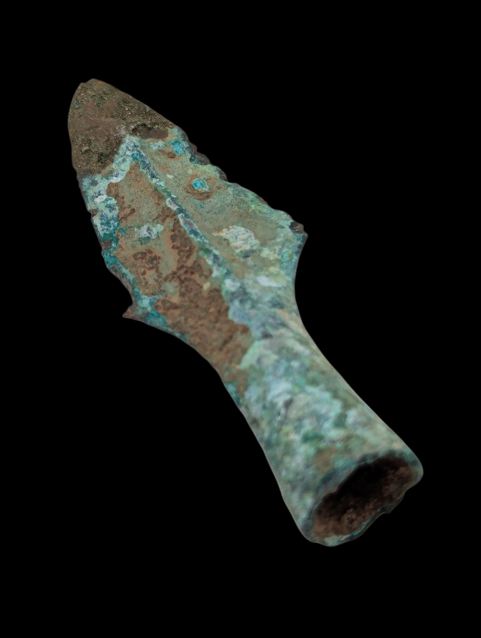 Ancient Dong Son Bronze Spearhead: 4.5" Ancient Dong Son Bronze Spearhead, leaf-shaped or triangular blade , heavy patina, Exact Age and Origin Unknown
