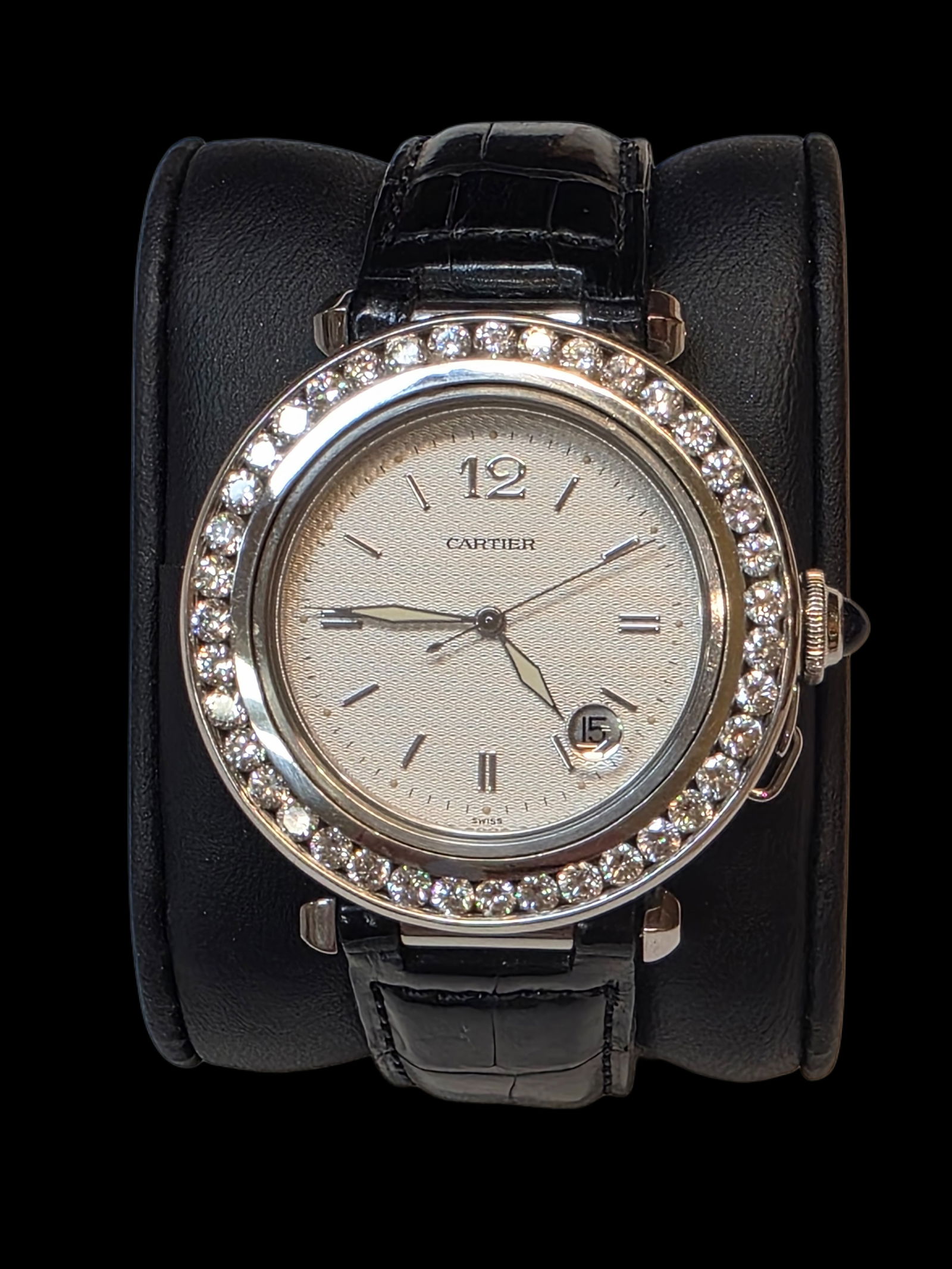 CARTIER PASHA 41mm Diamond Bezel Black Alligator Silver Dial: 41MM CARTIER PASHA 41mm Diamond Bezel Black Alligator Silver Dial