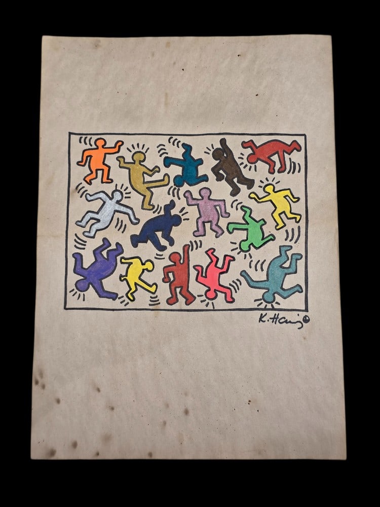 Hand Drawn Keith Haring Dancing Figures Rendering on Paper: 2"x3.5" Pre-Columbian Taíno Carved Stone Inhaler Effigy