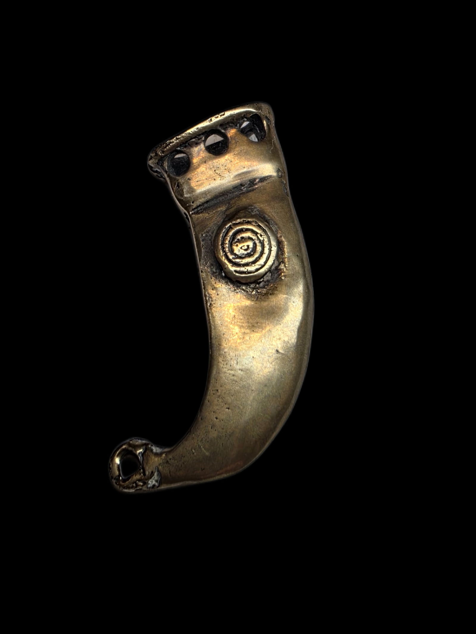 Pre-Columbian Tairona Scroll Pendant, Tumbaga: .5" x 1.25" Pre-Columbian Tairona Scroll Pendant, Tumbaga