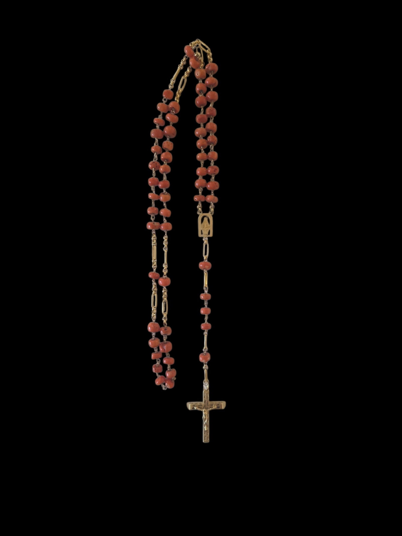 Antique Rosary with Mediterranean Coral, Gold Link Chain and Gold Crucifix with Diamond Center Stone: 23.25" Drop Length Antique Mediterranean Coral And Gold Rosary, Hand Crafted Rosary With 14KT Gold, Hand Carved Natural Red Mediterranean Coral Beads, Gold Crucifix With Diamond, Exquisite One Of A Ki