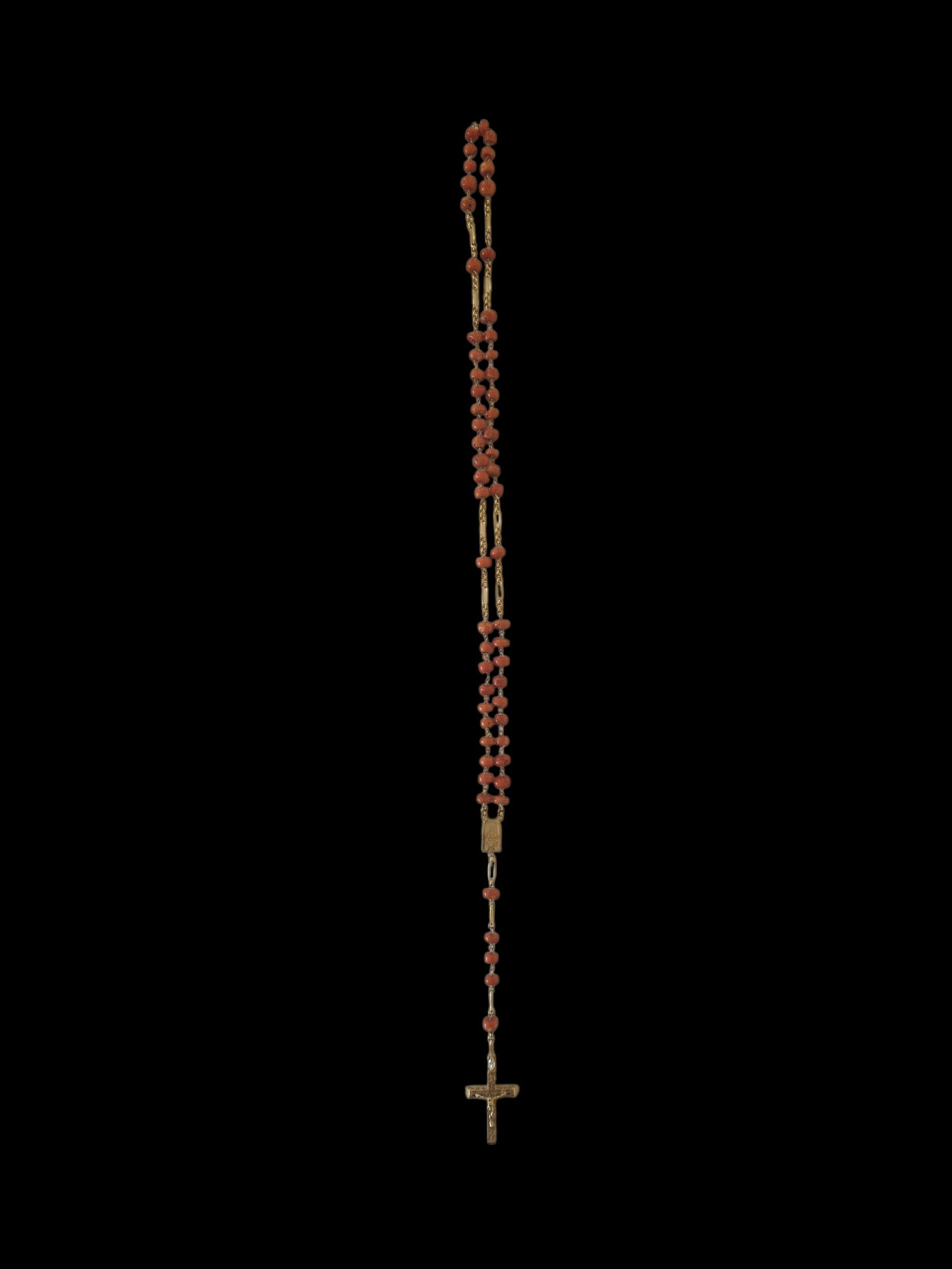 Antique Rosary with Mediterranean Coral, Gold Link Chain and Gold Crucifix with Diamond Center Stone - 2