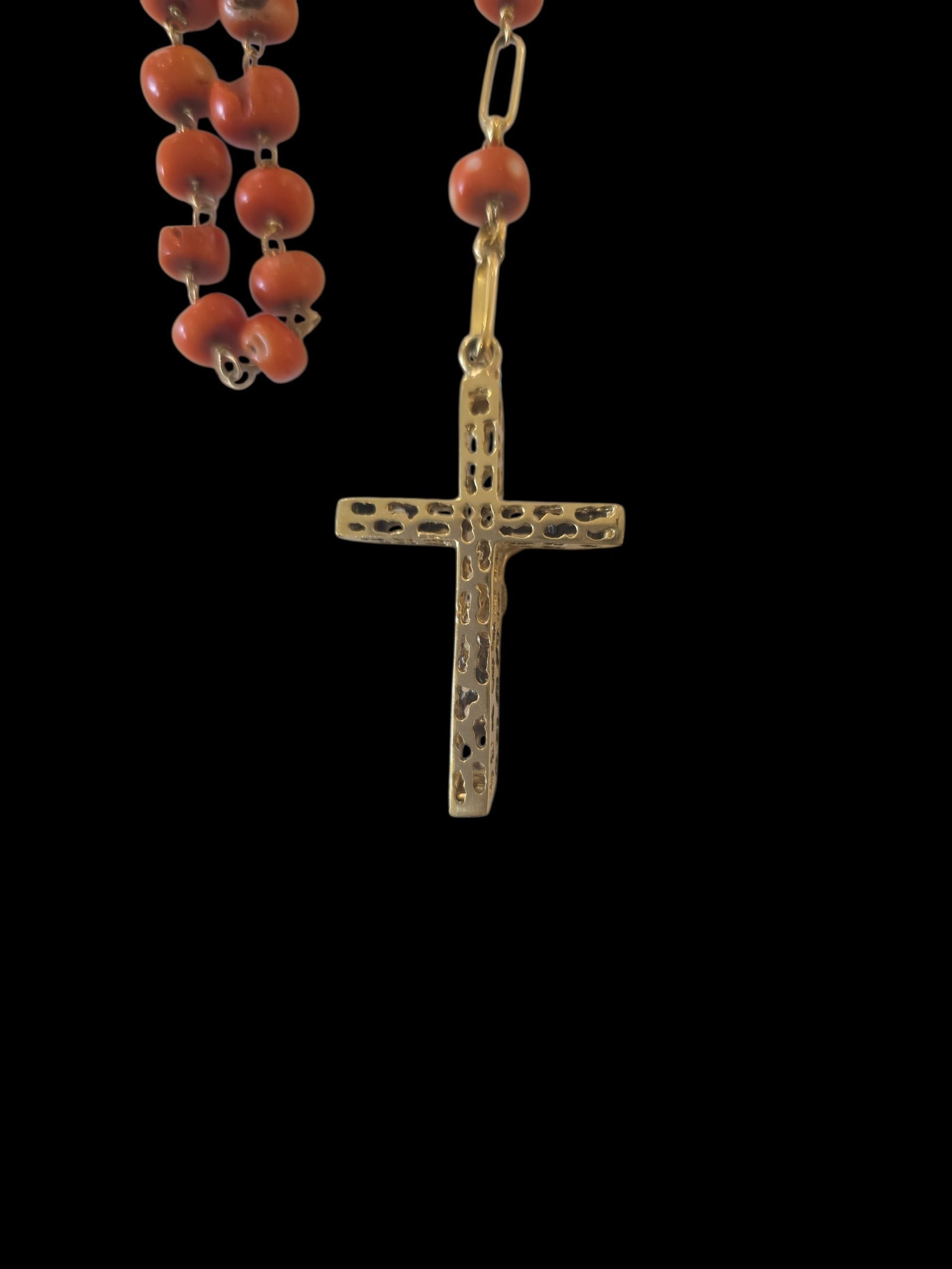 Antique Rosary with Mediterranean Coral, Gold Link Chain and Gold Crucifix with Diamond Center Stone - 3