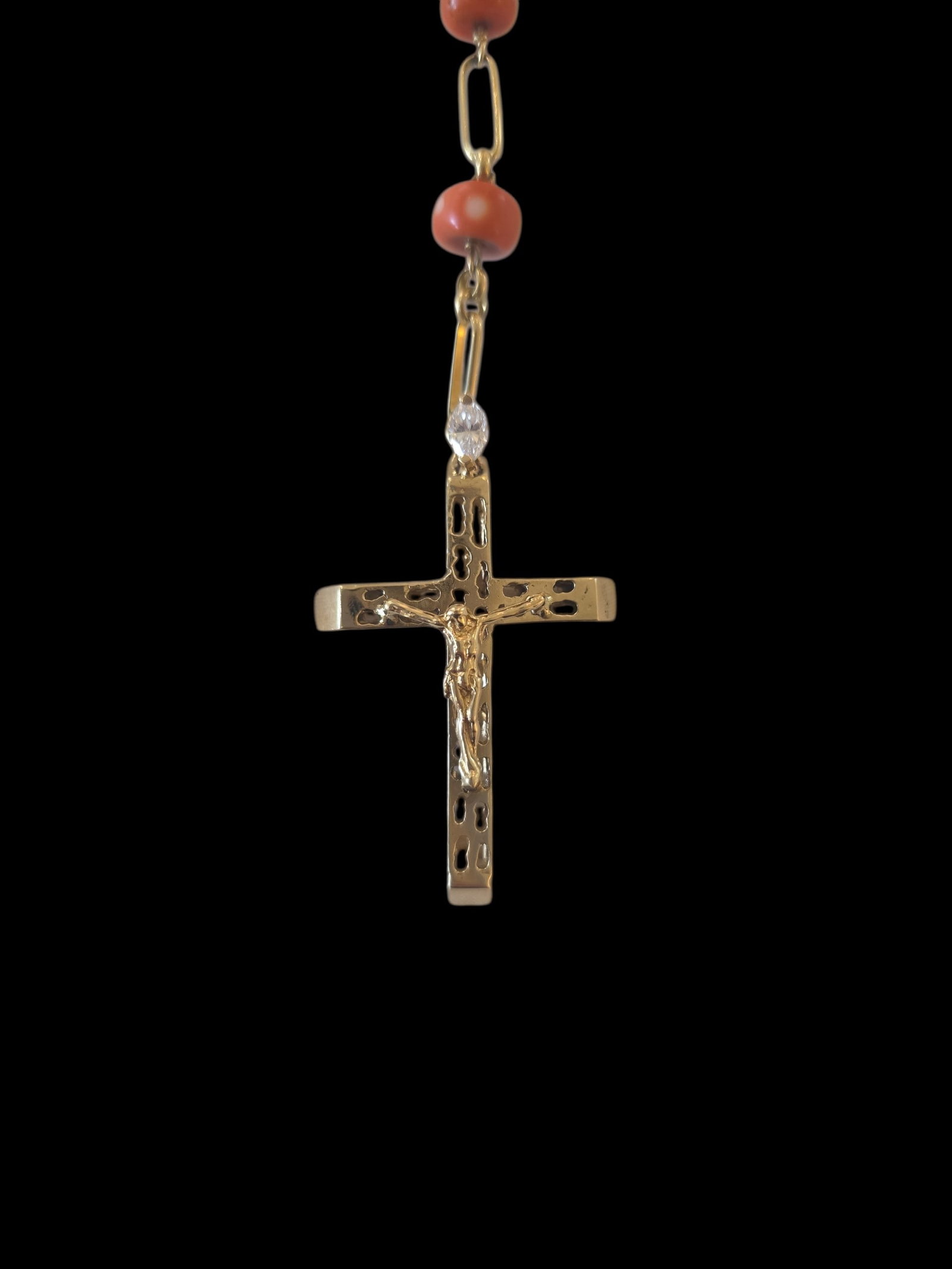 Antique Rosary with Mediterranean Coral, Gold Link Chain and Gold Crucifix with Diamond Center Stone - 5