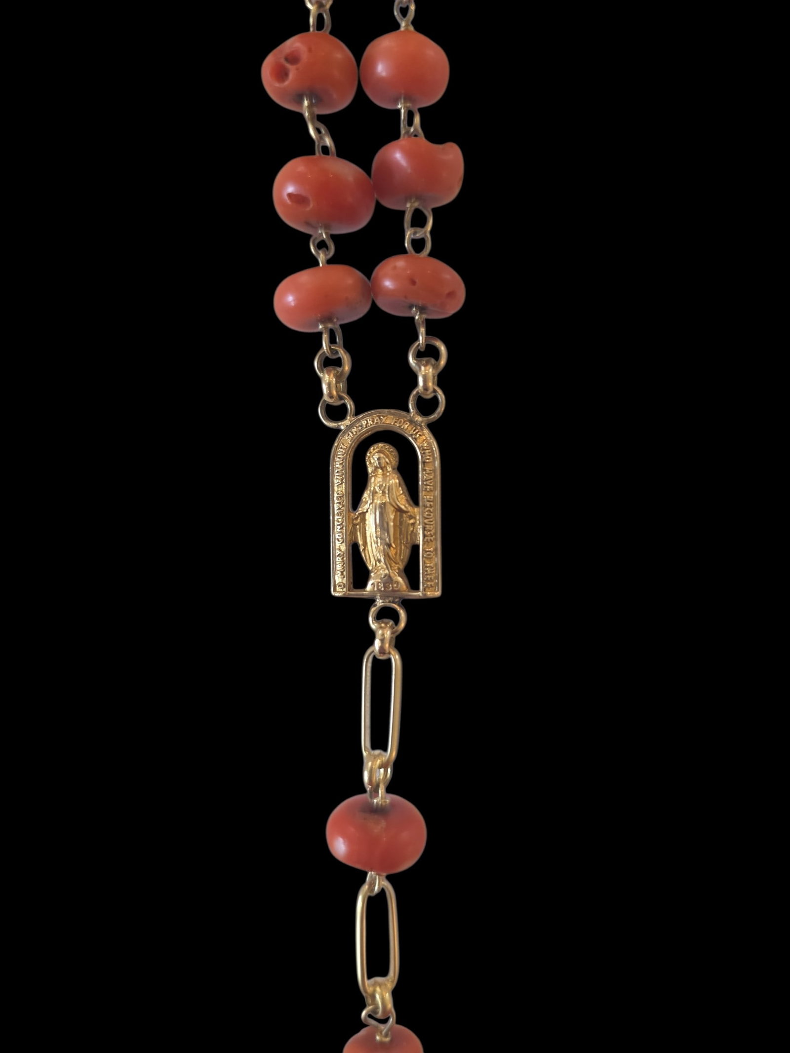 Antique Rosary with Mediterranean Coral, Gold Link Chain and Gold Crucifix with Diamond Center Stone - 7
