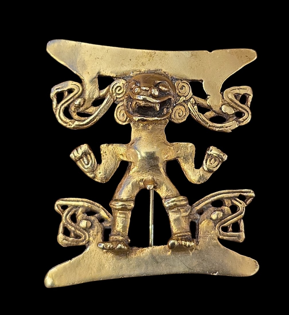 Pre-Columbian Style Panamanian Jaguar Figure Pendant, Gold Tone (1 of 2)