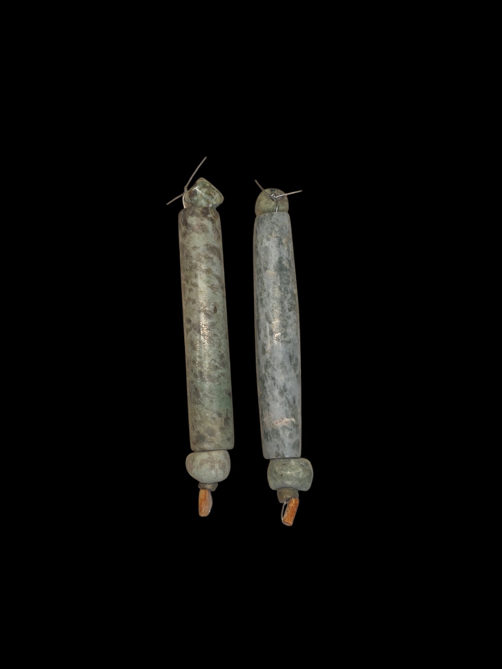 Pre-Columbian Mayan Jade Assemblage, Pair Of 2: 3.5" Pre-Columbian Mayan Jade Assemblage, Pair Of 2, Large Jade Tube Beads With Small Jade And Spondylus Spacer Beads, Mesoamerica 300-800 C.E.