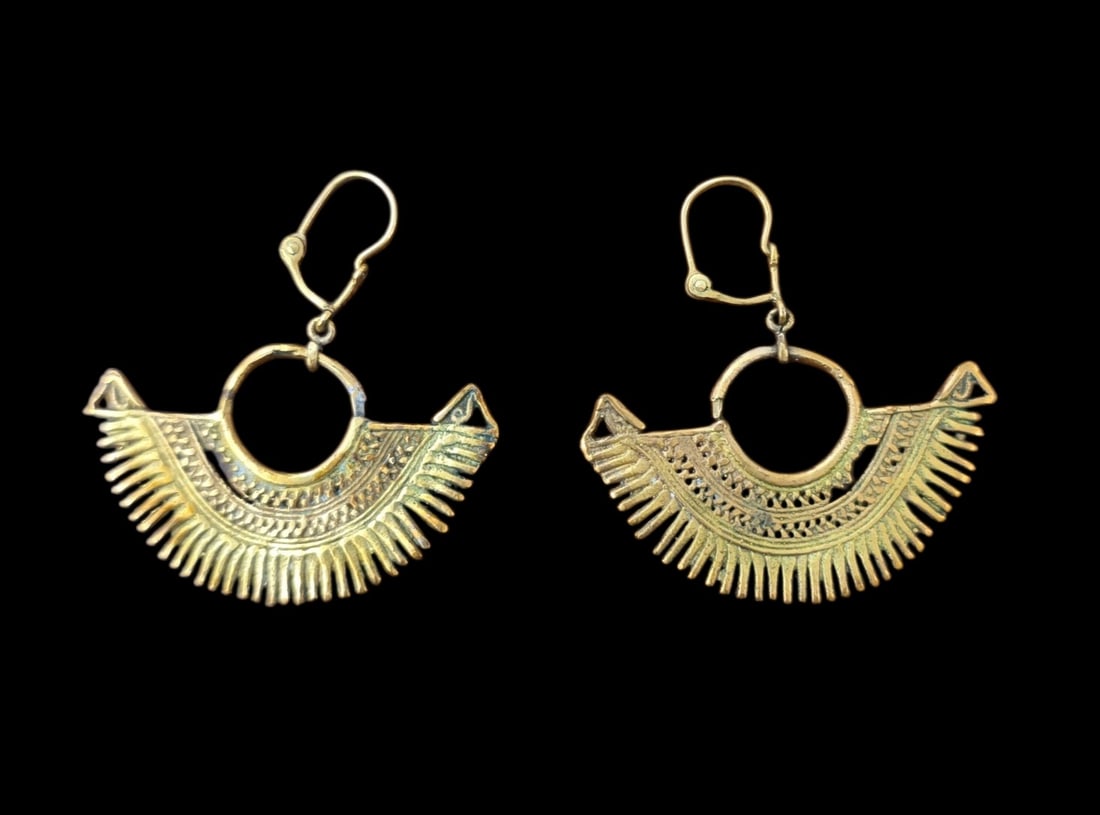 Pre-Columbian Tairona Gold Earrings: 1.5" X 1.5" Pre-Columbian Tairona Gold Earrings, Tairona Culture 800-1200 CE